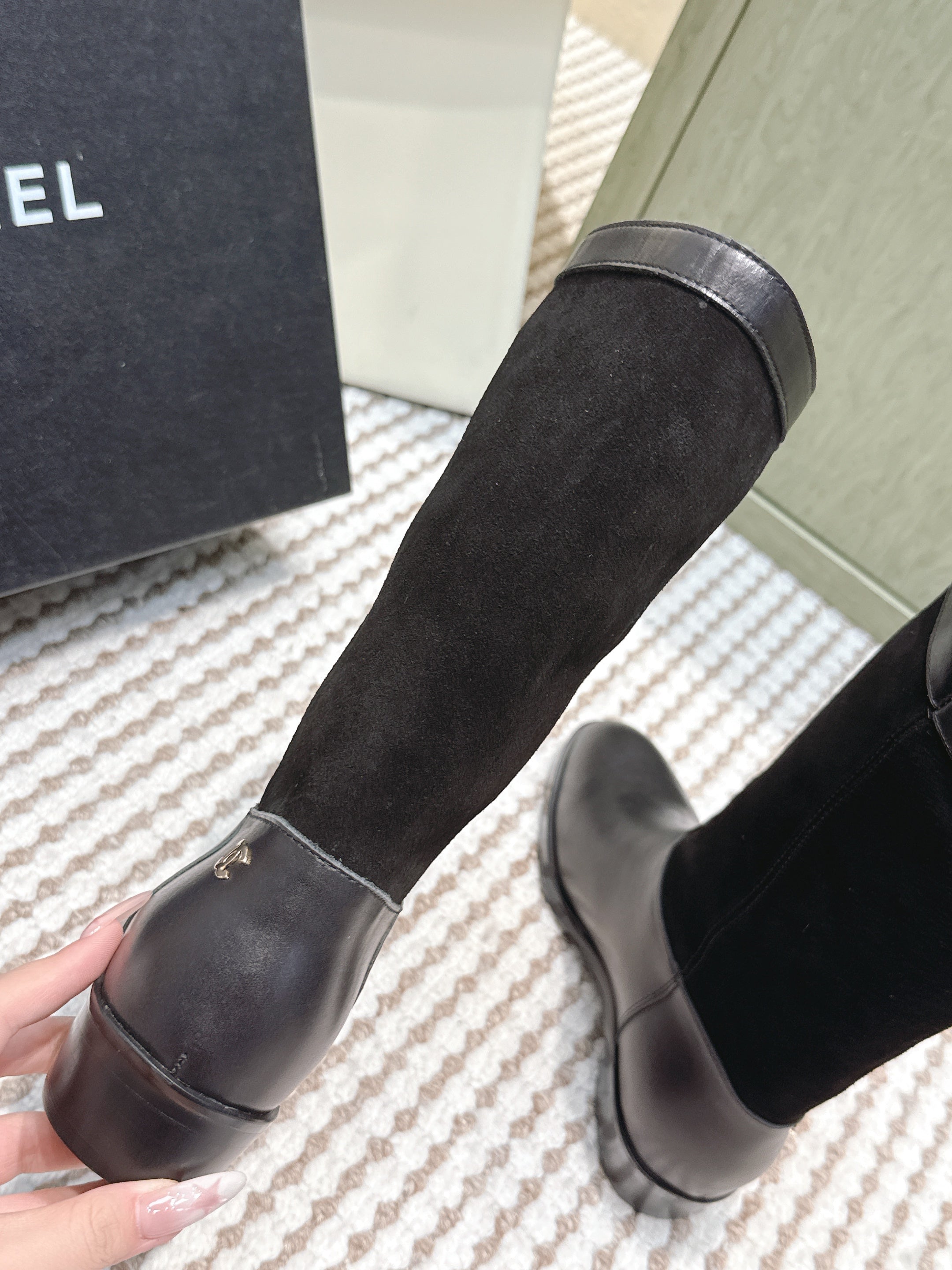 CHANEL 25S MID-CALF BOOTS IN BLACK SUEDE MIX CALFSKIN