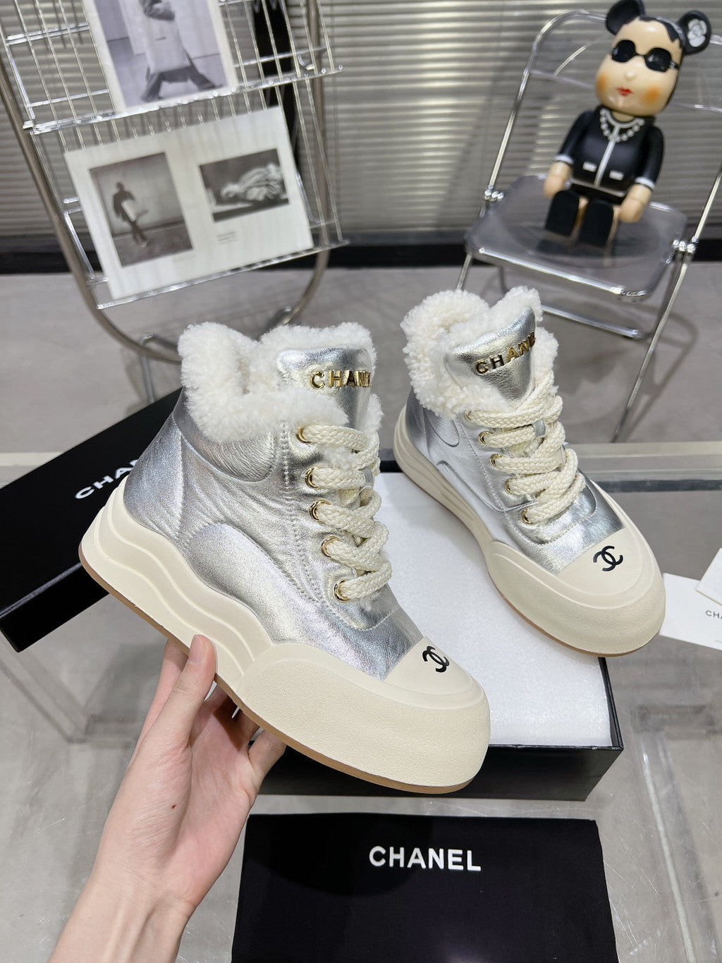 CHANEL MARTIN BOOTS IN SILVER CALFSKIN AND LAMB FUR LINING