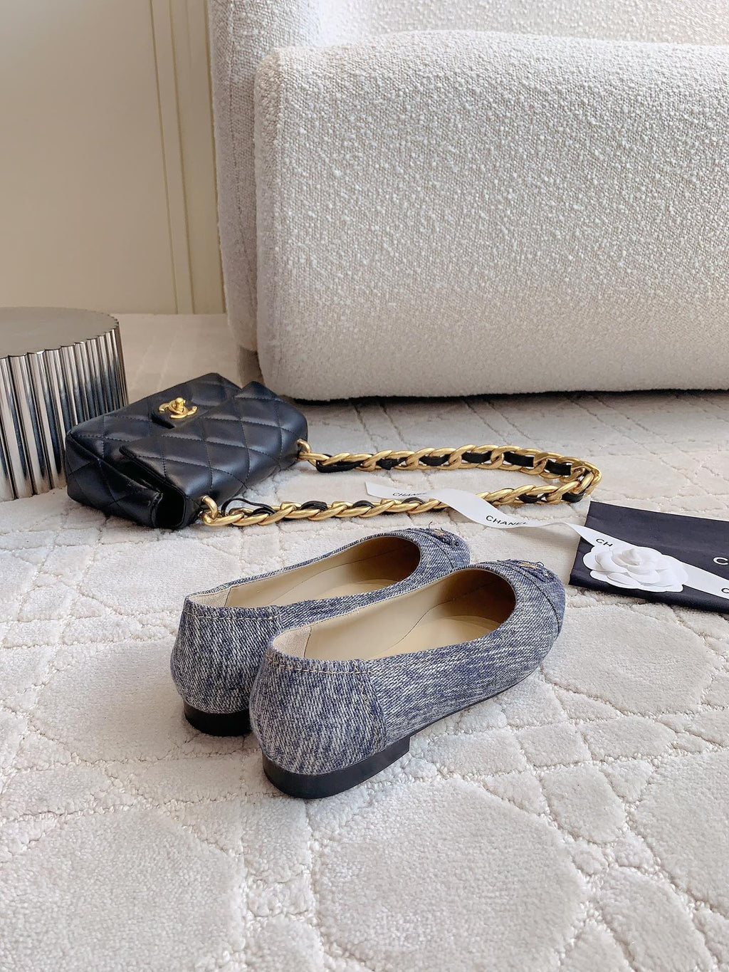 CHANEL BALLET FLATS IN PIGEON BLUE DENIM