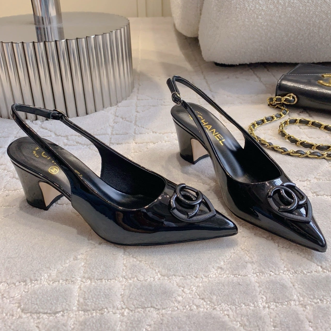 CHANEL HIGH SLINGBACKS 65 MM IN BLACK PATENT CALFSKIN