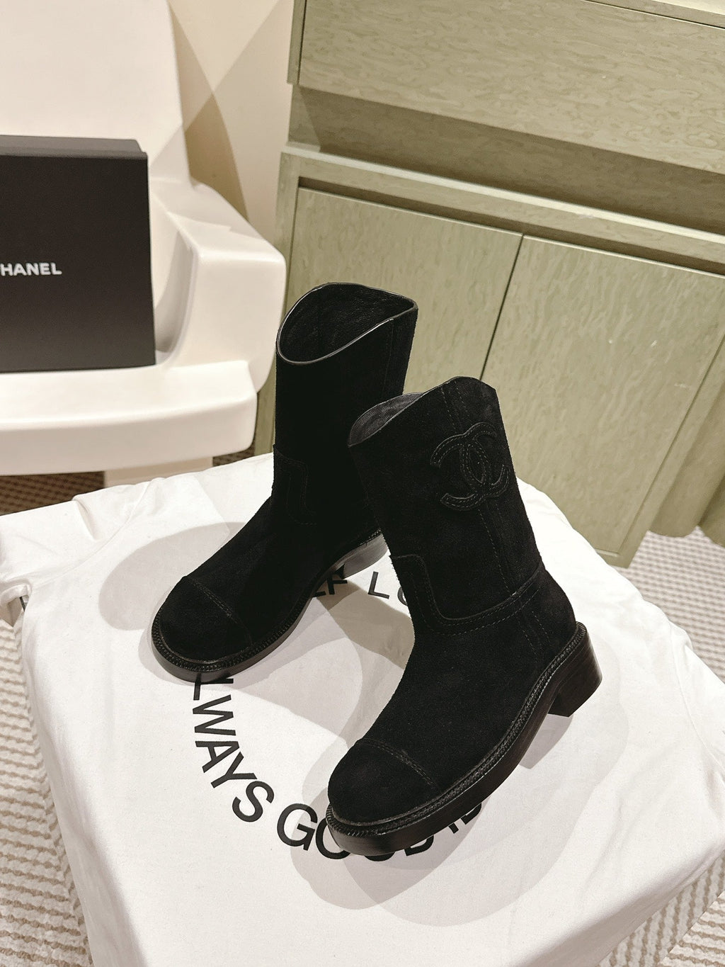 CHANEL SHORT BOOTS BLACK SUEDE CALFSKIN
