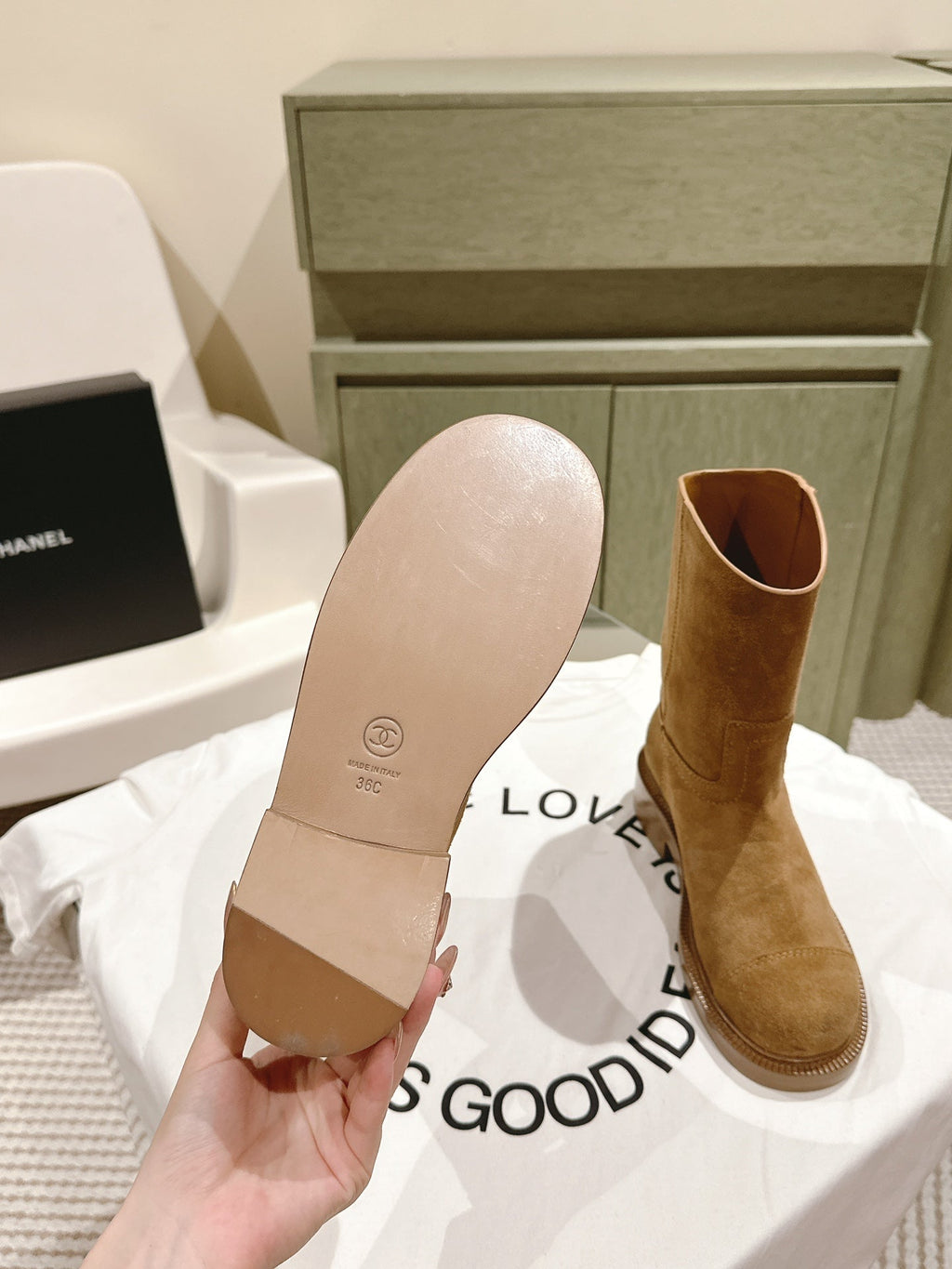 CHANEL SHORT BOOTS PEANUT BROWN SUEDE CALFSKIN