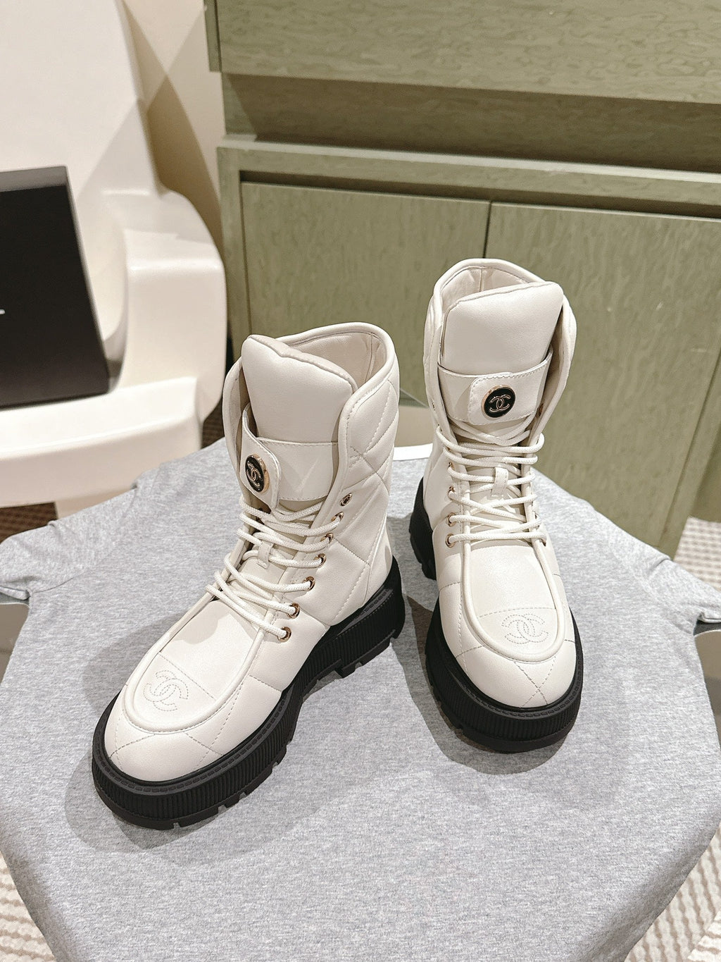 CHANEL MARTIN BOOTS IN WHITE EMBROIDERED CALFSKIN