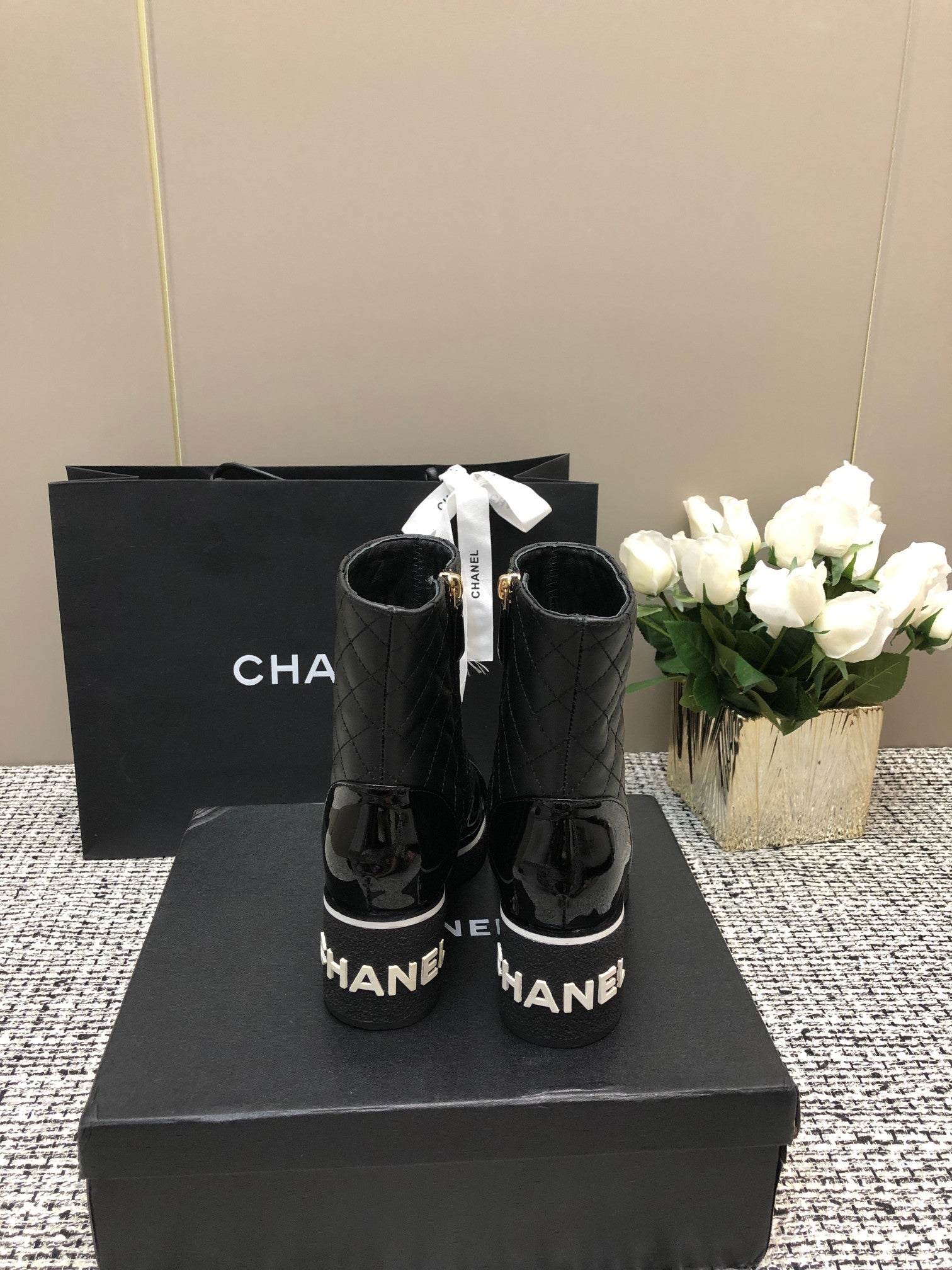 CHANEL ROUND-TOE SHORT BOOTS BLACK SHEEPSKIN
