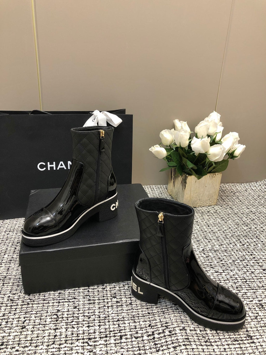CHANEL ROUND-TOE SHORT BOOTS BLACK SHEEPSKIN