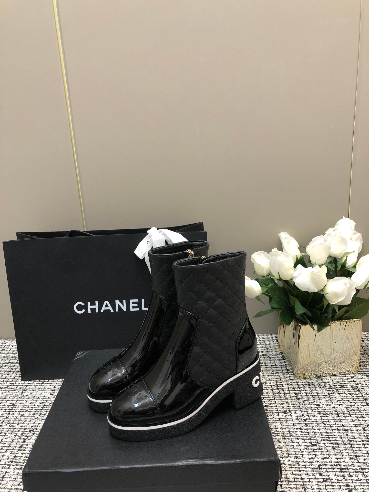CHANEL ROUND-TOE SHORT BOOTS BLACK SHEEPSKIN