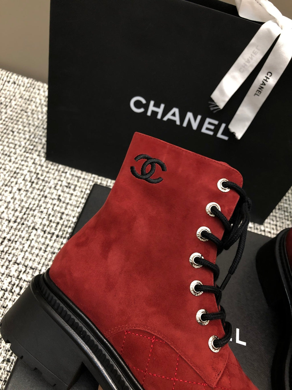 CHANEL SHORT BOOTS GARNET RED MIX BLACK SUEDE LAMBSKIN