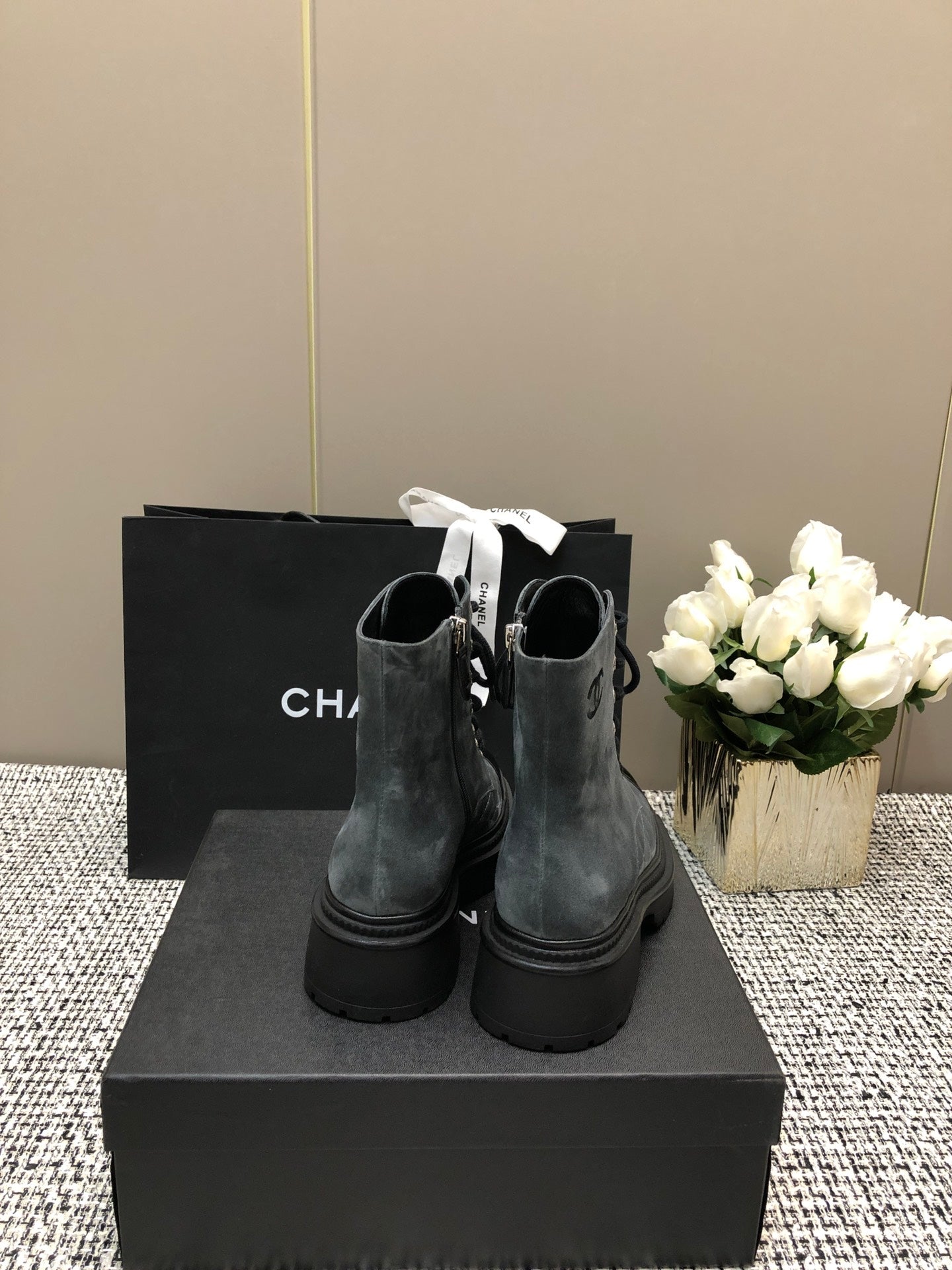 CHANEL SHORT BOOTS SLATE GREY SUEDE LAMBSKIN