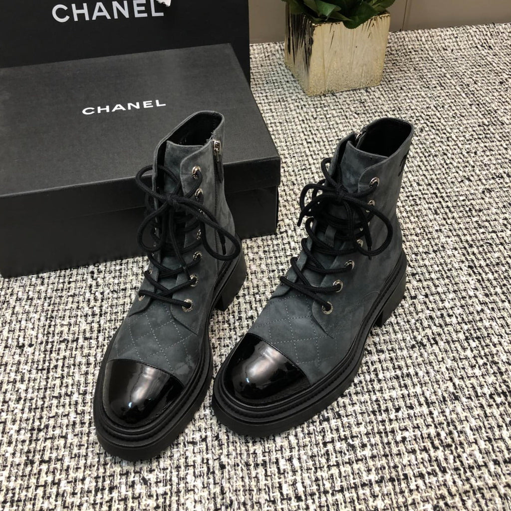 CHANEL SHORT BOOTS SLATE GREY SUEDE LAMBSKIN
