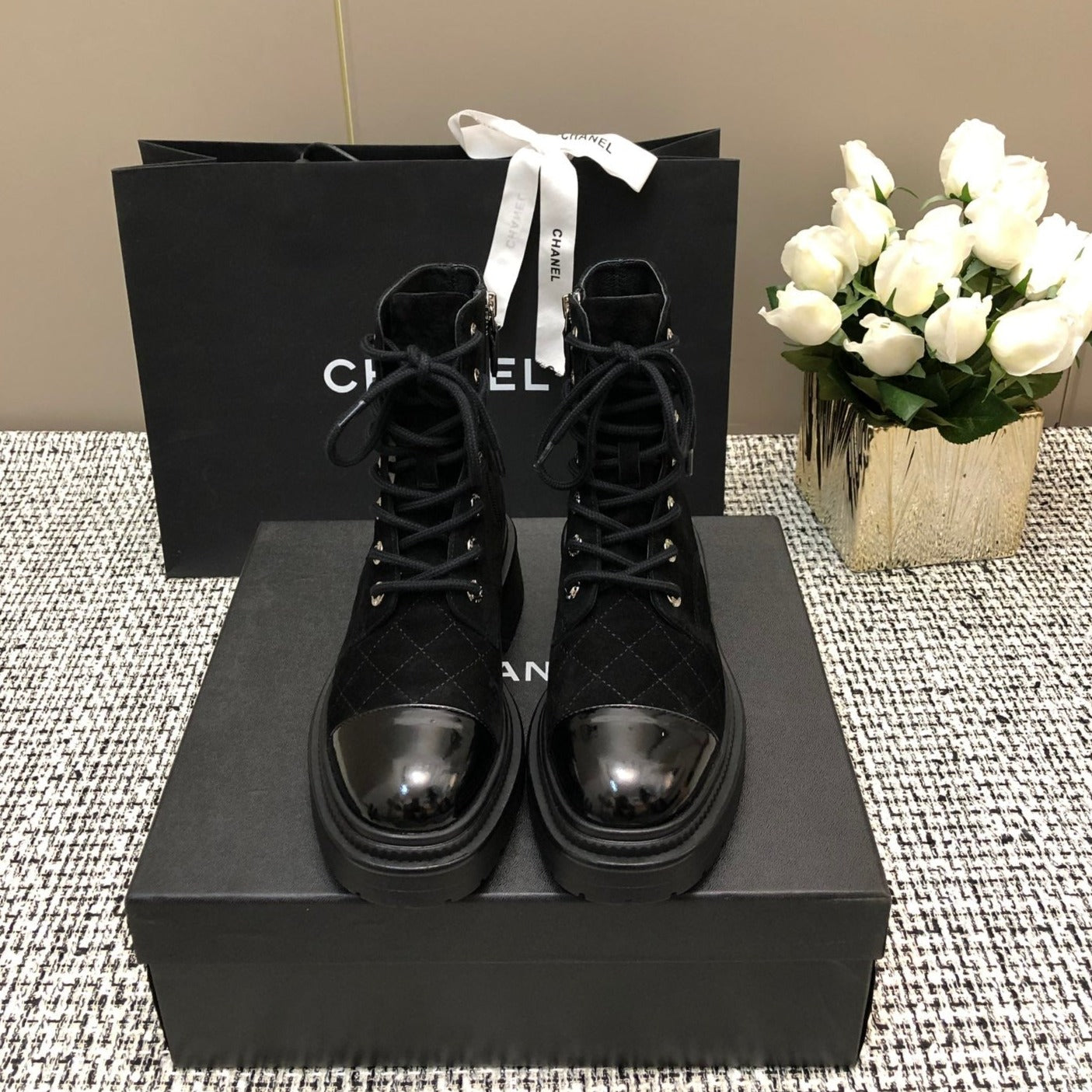 CHANEL SHORT BOOTS BLACK SUEDE LAMBSKIN