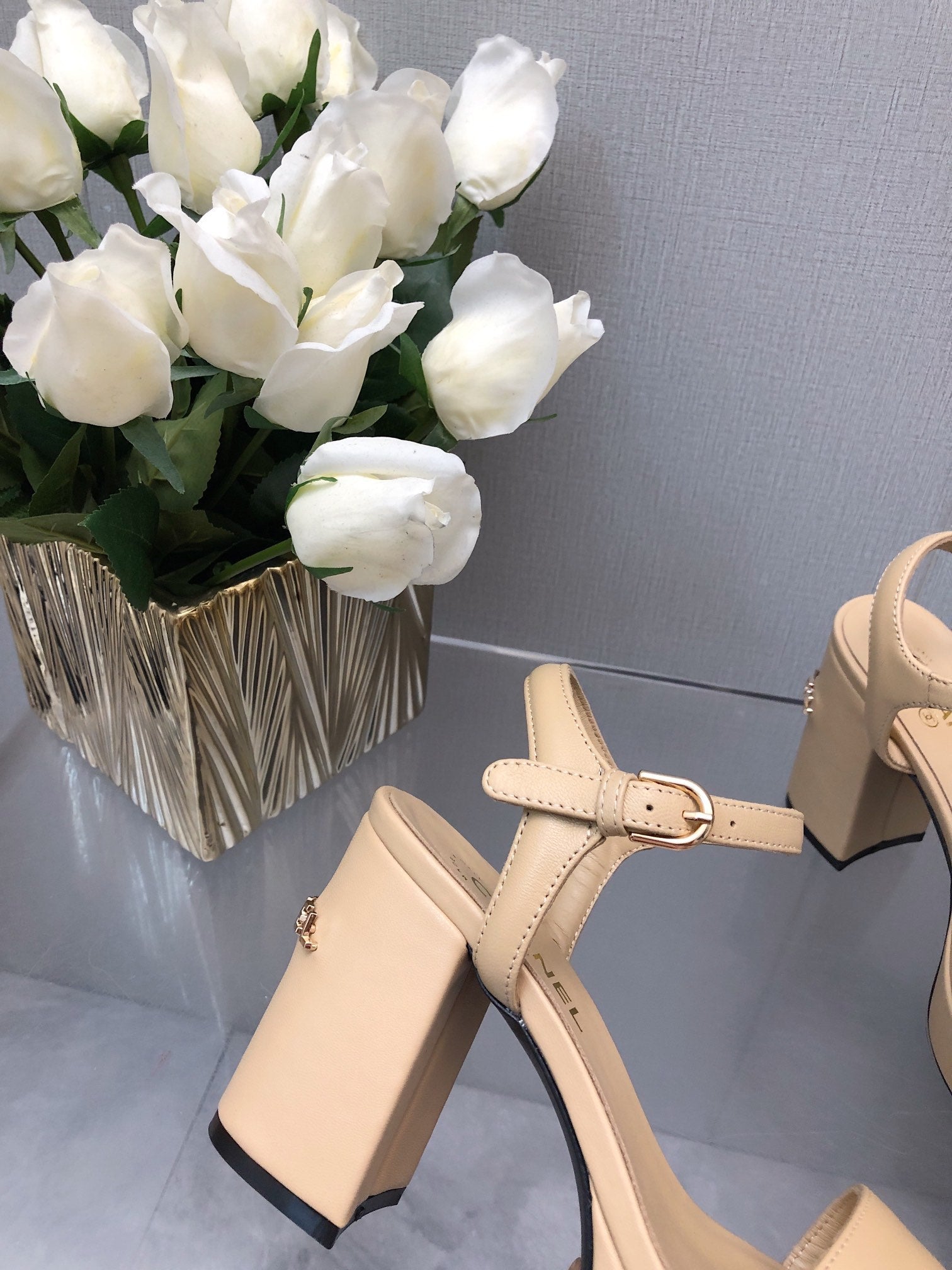 CHANEL BLOCK HEEL 9 CM SANDAL IN SAND BROWN LAMBSKIN