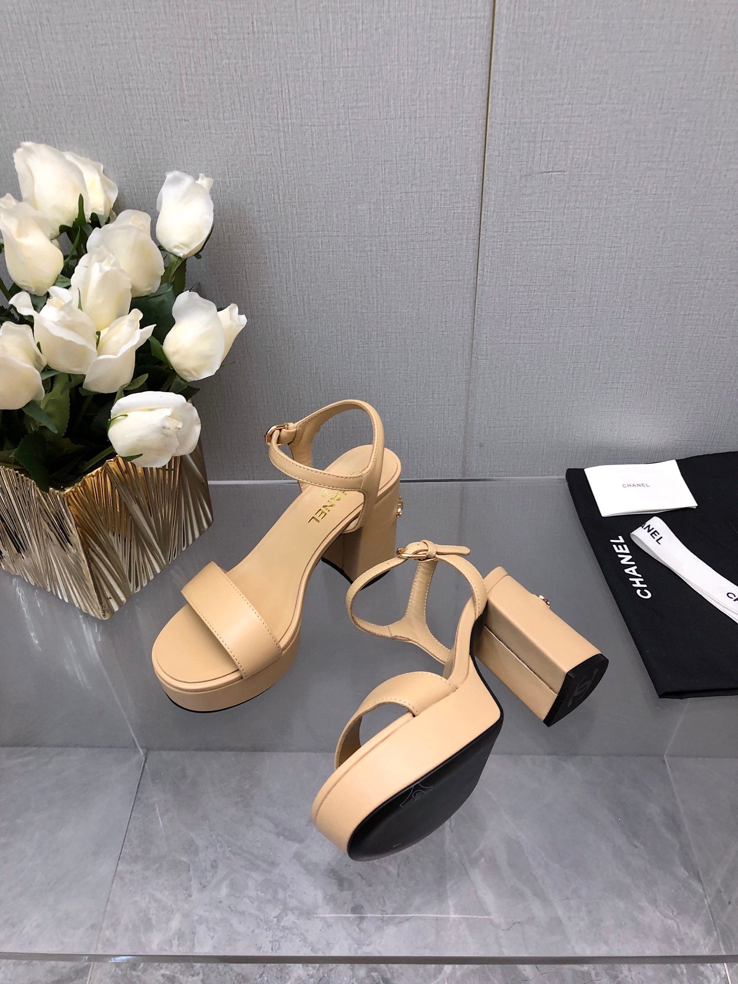 CHANEL BLOCK HEEL 9 CM SANDAL IN SAND BROWN LAMBSKIN