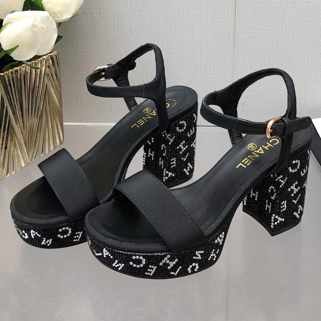 CHANEL BLOCK HEEL WITH CRYSTAL 9 CM SANDAL IN BLACK FABRIC