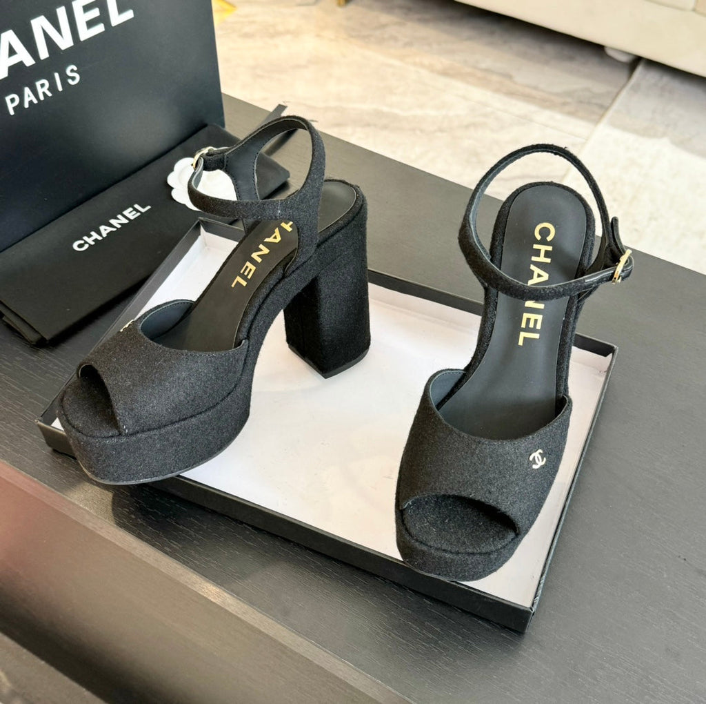 CHANEL HIGH HEEL PLATFORM SANDALS IN BLACK SUEDE