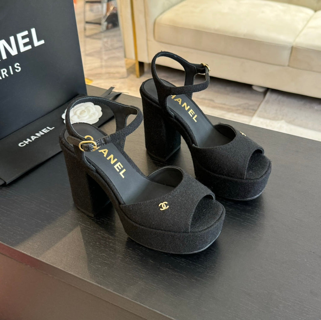 CHANEL HIGH HEEL PLATFORM SANDALS IN BLACK SUEDE