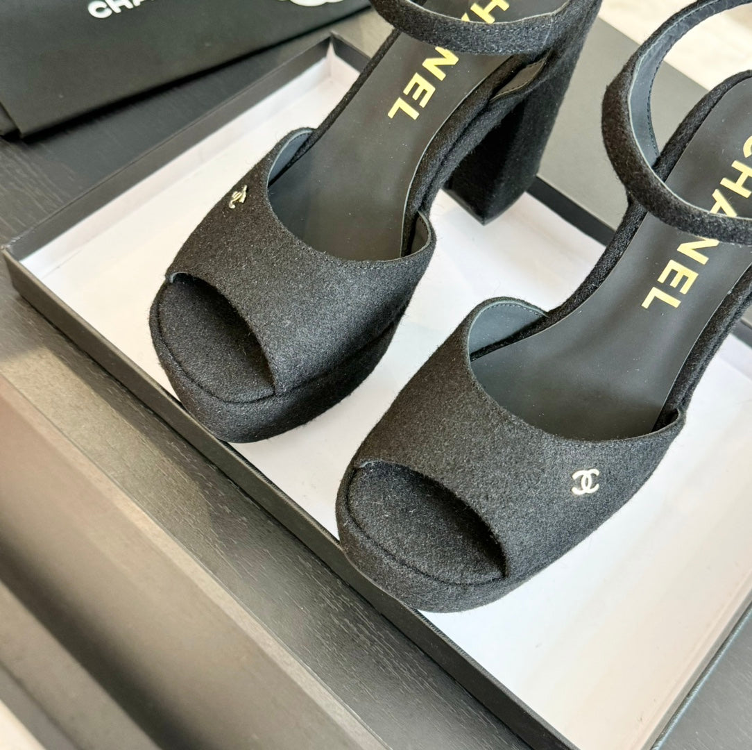 CHANEL HIGH HEEL PLATFORM SANDALS IN BLACK SUEDE
