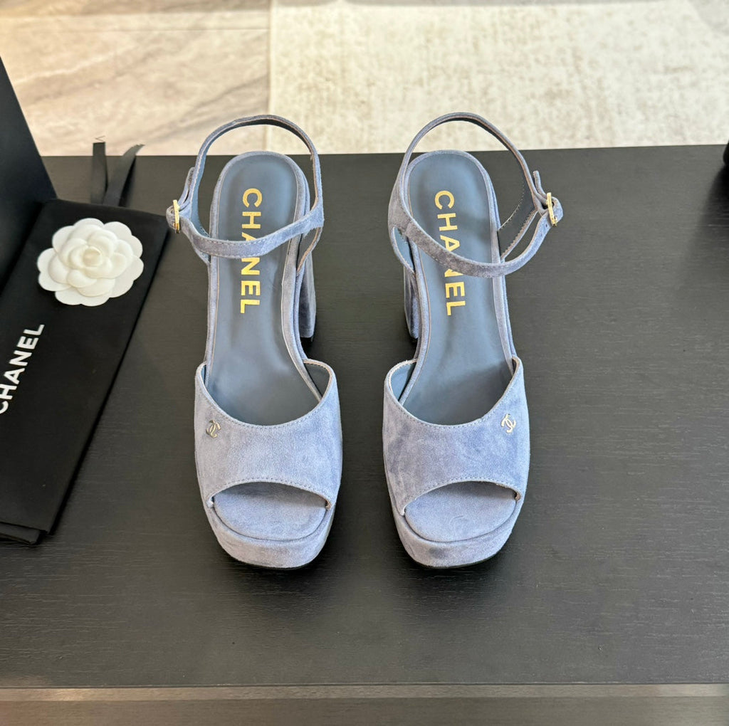 CHANEL HIGH HEEL PLATFORM SANDALS IN PIGEON BLUE SUEDE