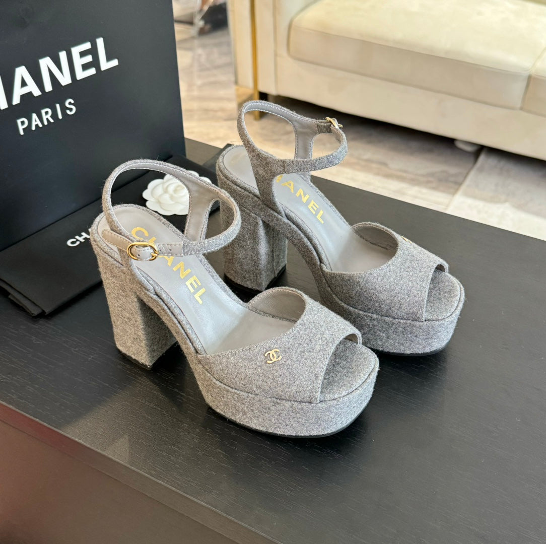 CHANEL HIGH HEEL PLATFORM SANDALS IN DOVE GRAY SUEDE