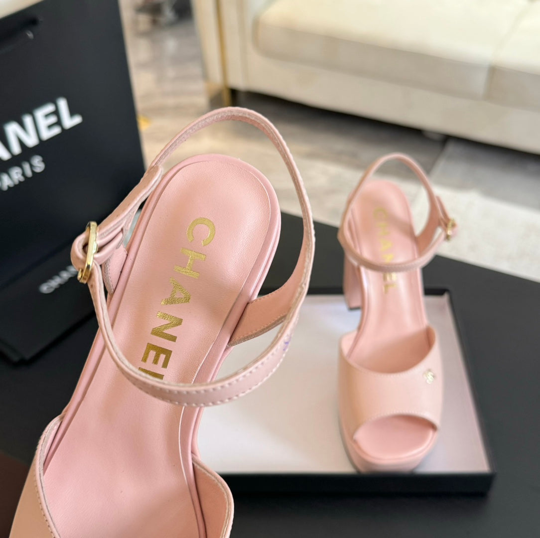 CHANEL HIGH HEEL PLATFORM SANDALS IN PEACH PINK CALFSKIN