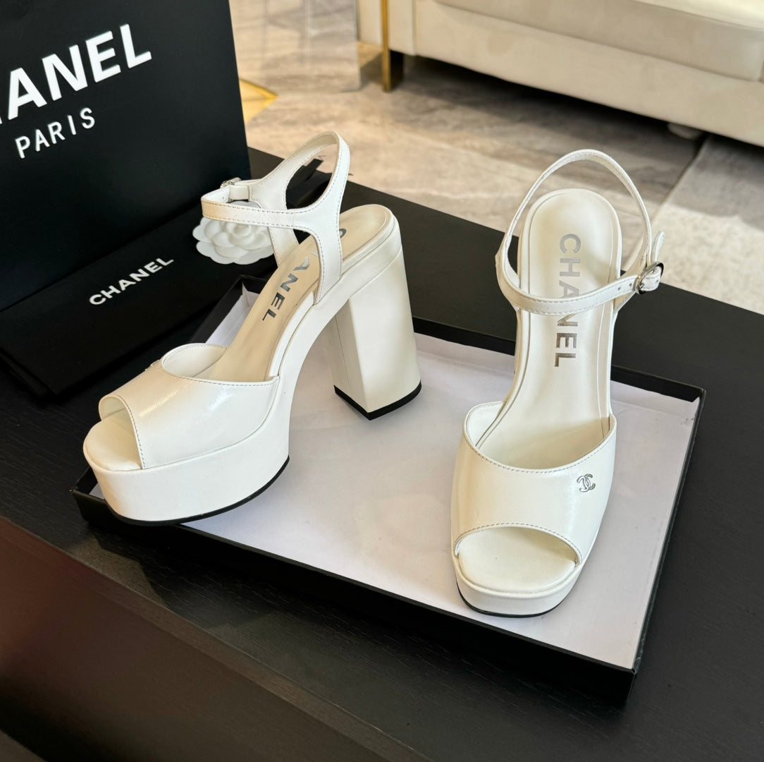 CHANEL HIGH HEEL PLATFORM SANDALS IN WHITE CALFSKIN