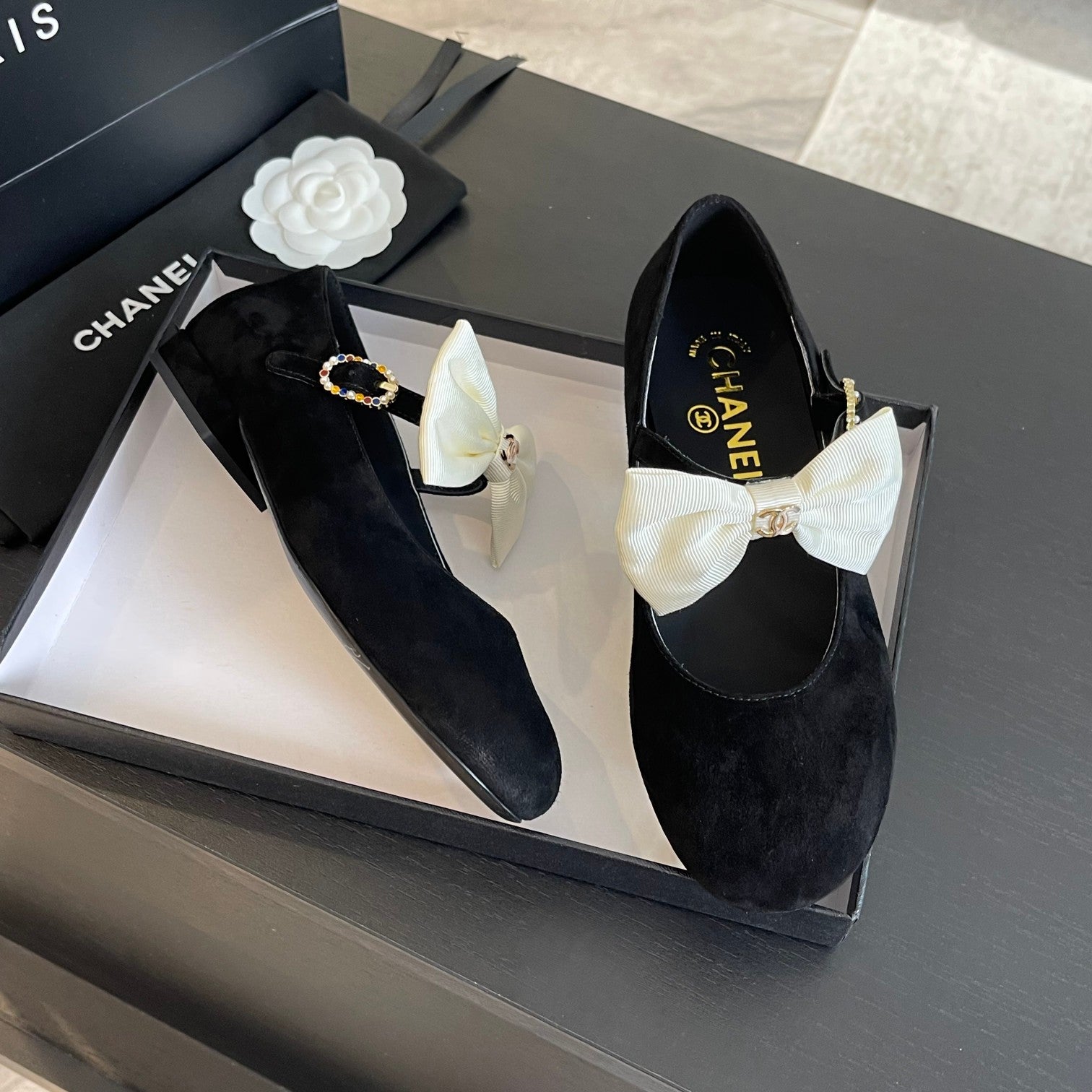 CHANEL BALLET FLAT BLACK SUEDE LAMBSKIN WITH WHITE BOW