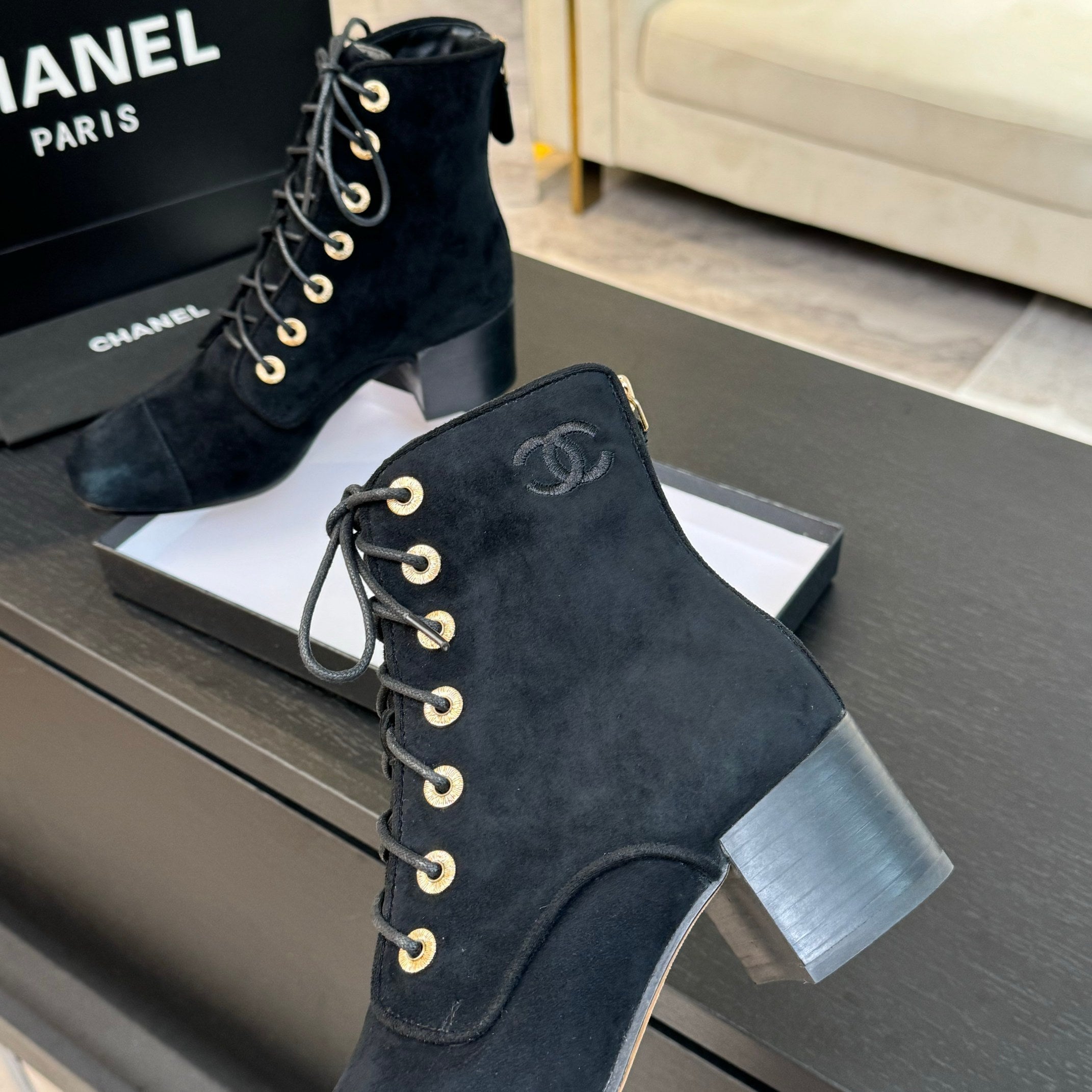 CHANEL LACE-UP SHORT BOOTS IN BLACK SUEDE