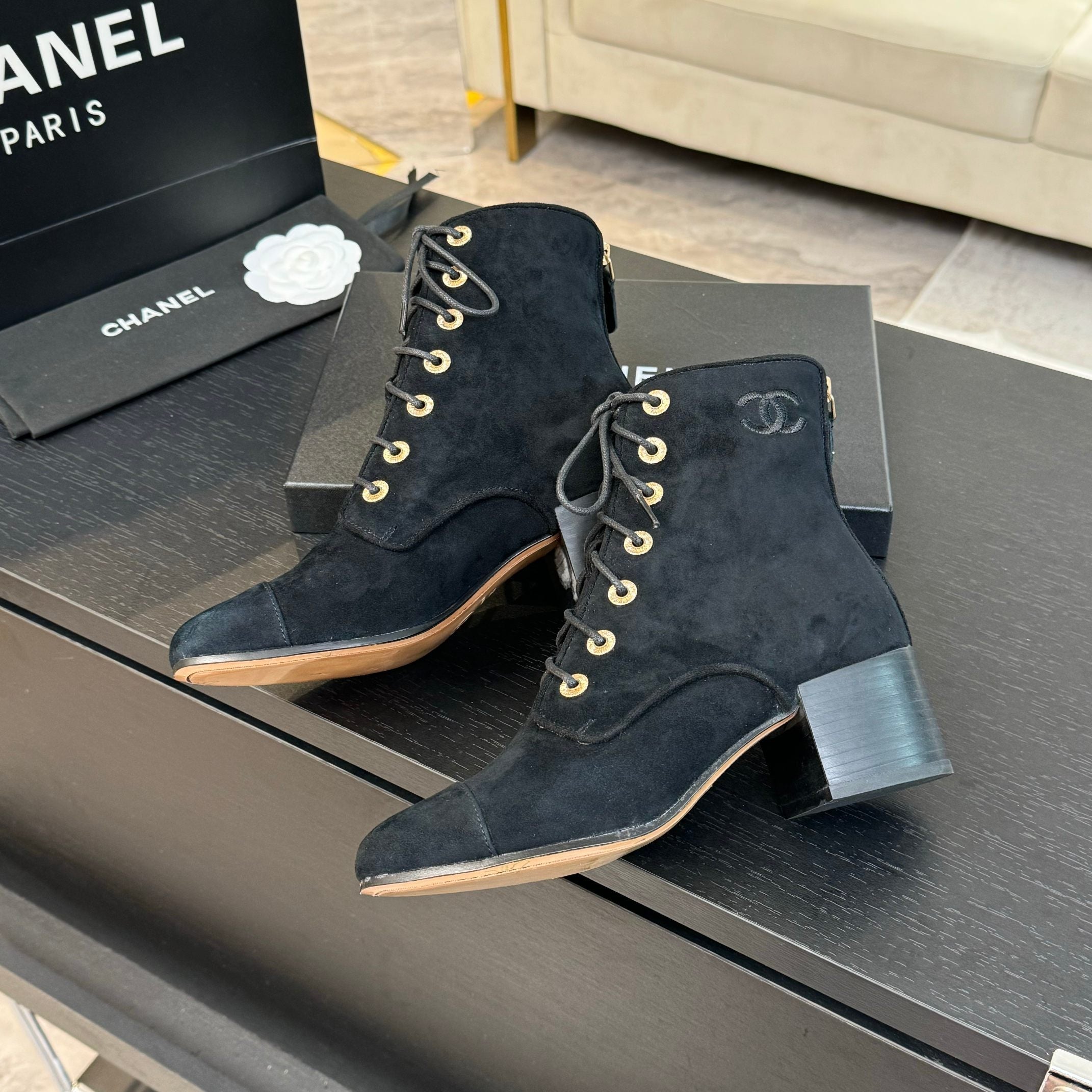 CHANEL LACE-UP SHORT BOOTS IN BLACK SUEDE