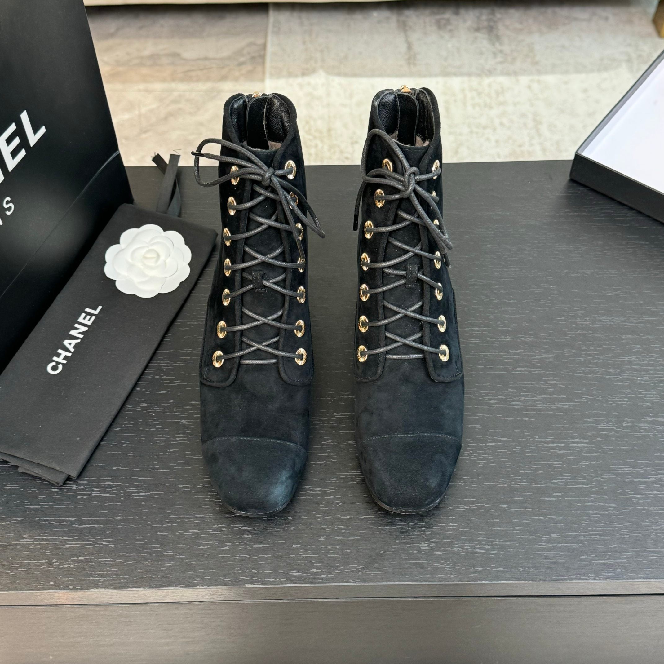 CHANEL LACE-UP SHORT BOOTS IN BLACK SUEDE