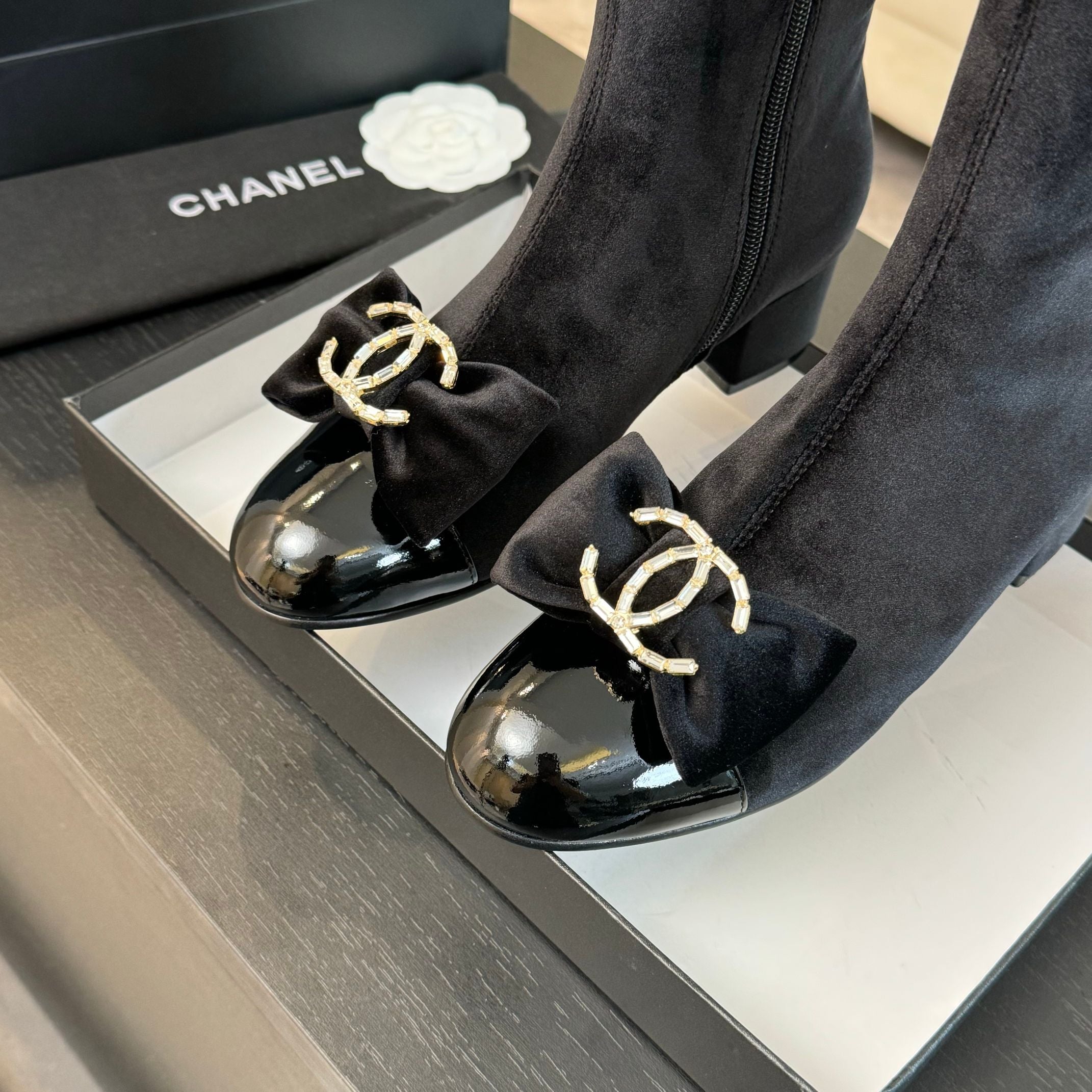 CHANEL SHORT BOOTS IN BLACK VELVET AND LAMBSKIN