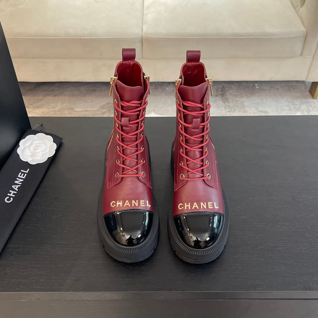 CHANEL ANKLE BOOTS IN BLACK MIX GARNET RED LAMBSKIN