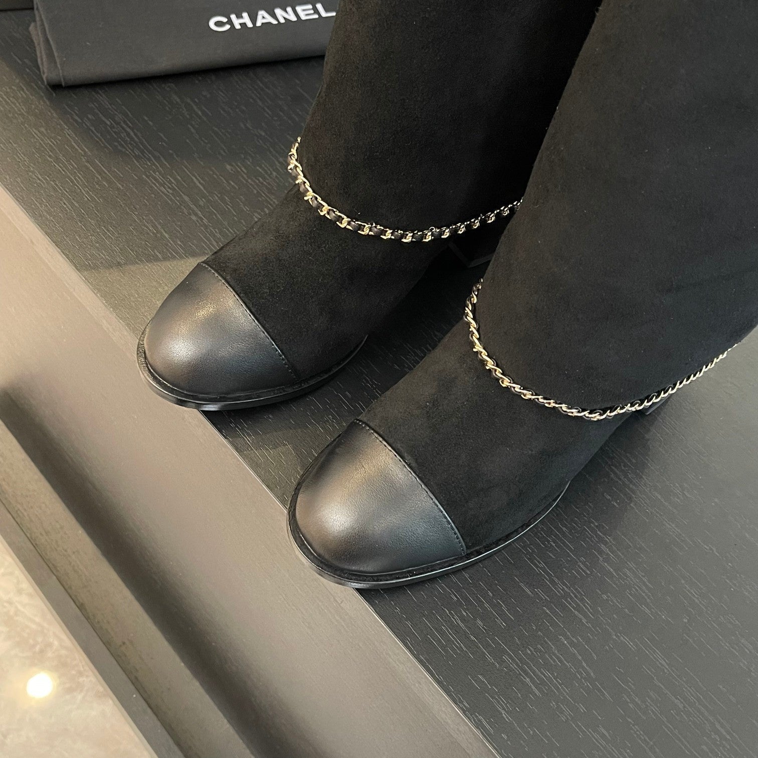 CHANEL HIGH BOOTS 6.5 CM IN BLACK SUEDE AND CALFSKIN