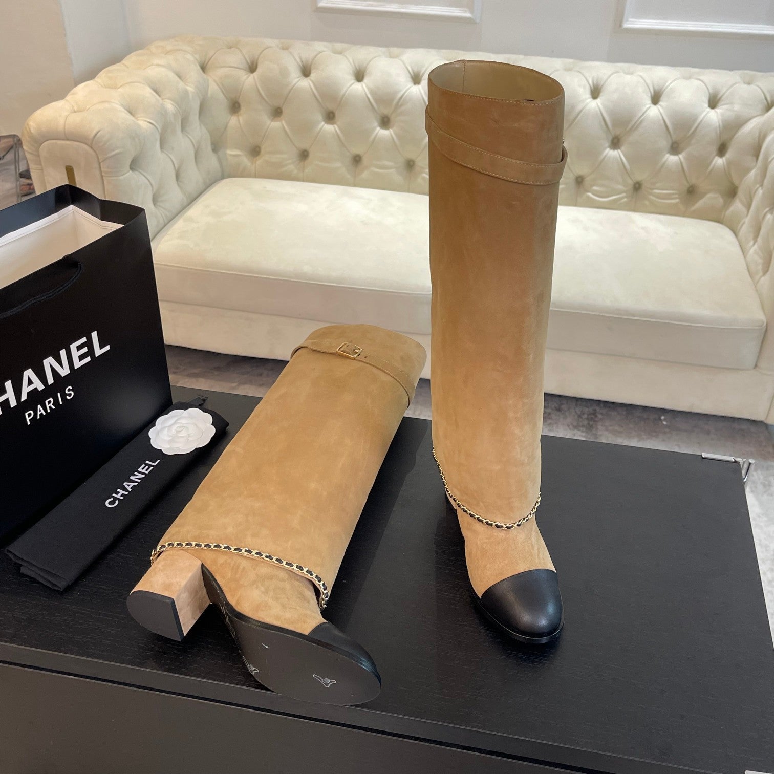 CHANEL HIGH BOOTS 6.5 CM IN CIDER BROWN SUEDE AND BLACK CALFSKIN