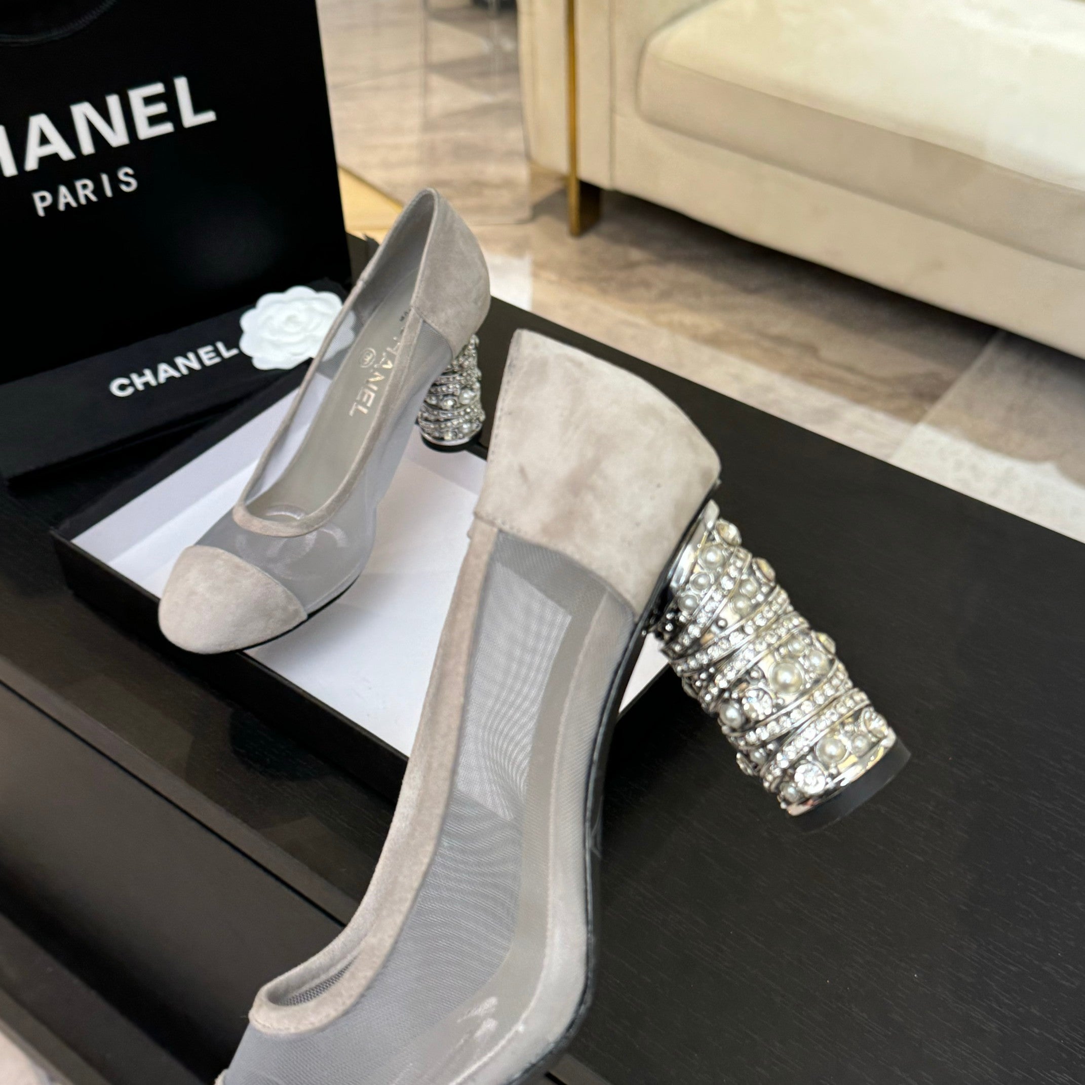 CHANEL HIGH HEEL 85 MM SANDALS IN PALE GRAY SUEDE AND MESH