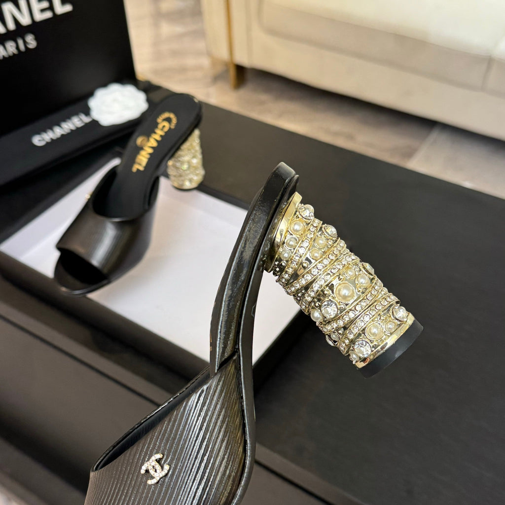 CHANEL T-STRAP PEARL HEEL 85 MM SANDALS IN BLACK LAMBSKIN MULE