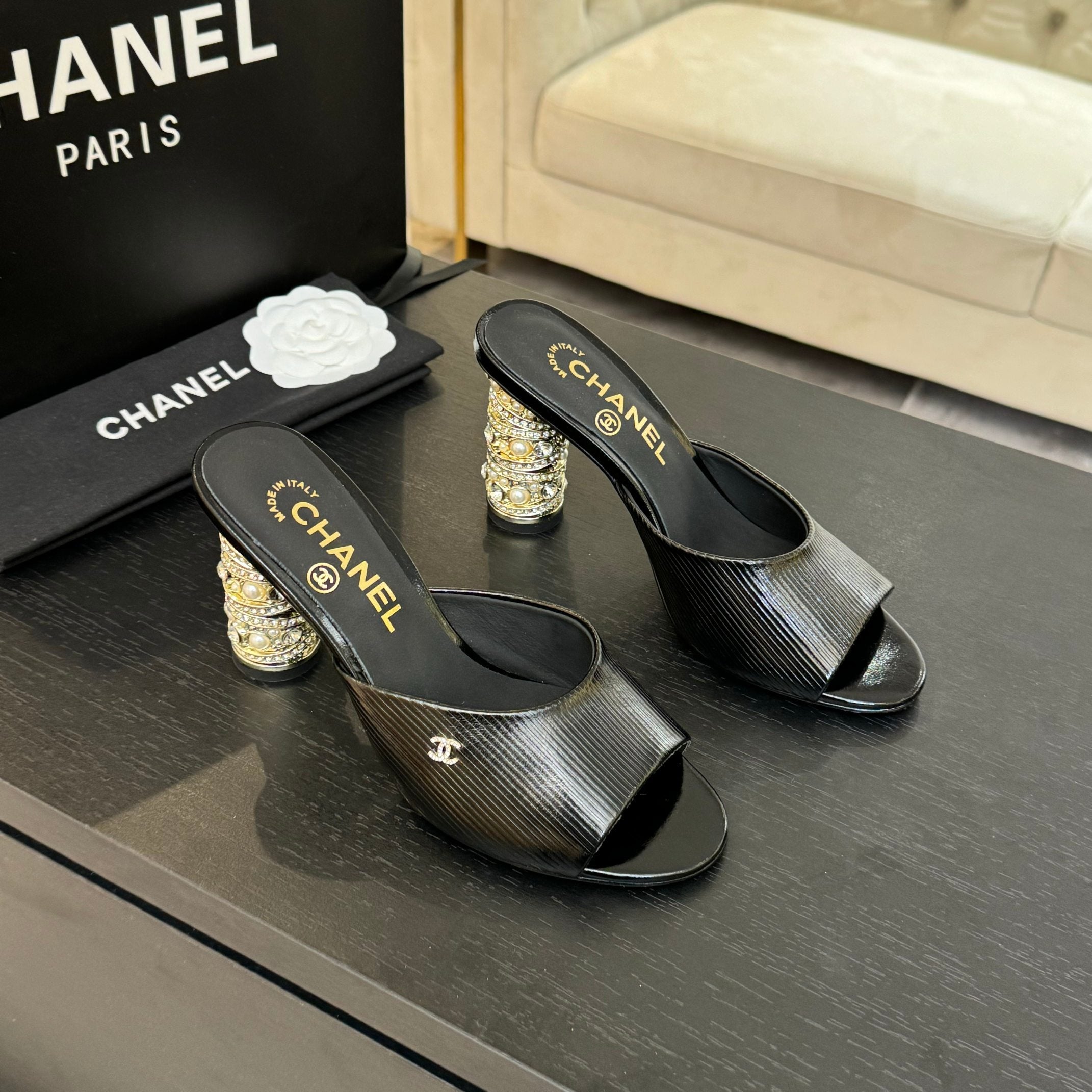 CHANEL T-STRAP PEARL HEEL 85 MM SANDALS IN BLACK LAMBSKIN MULE
