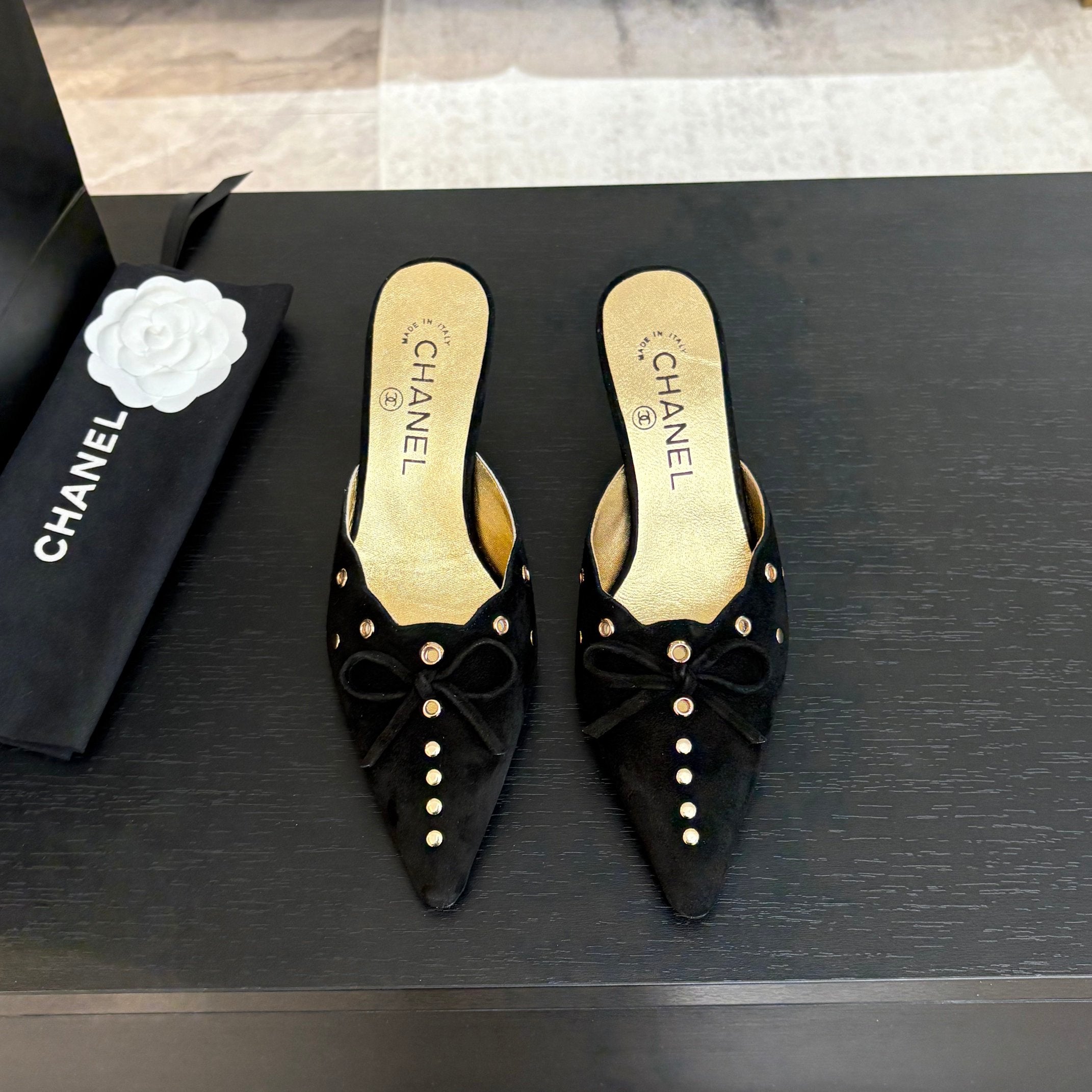 CHANEL HIGH HEEL MULE 65 MM IN BLACK SUEDE