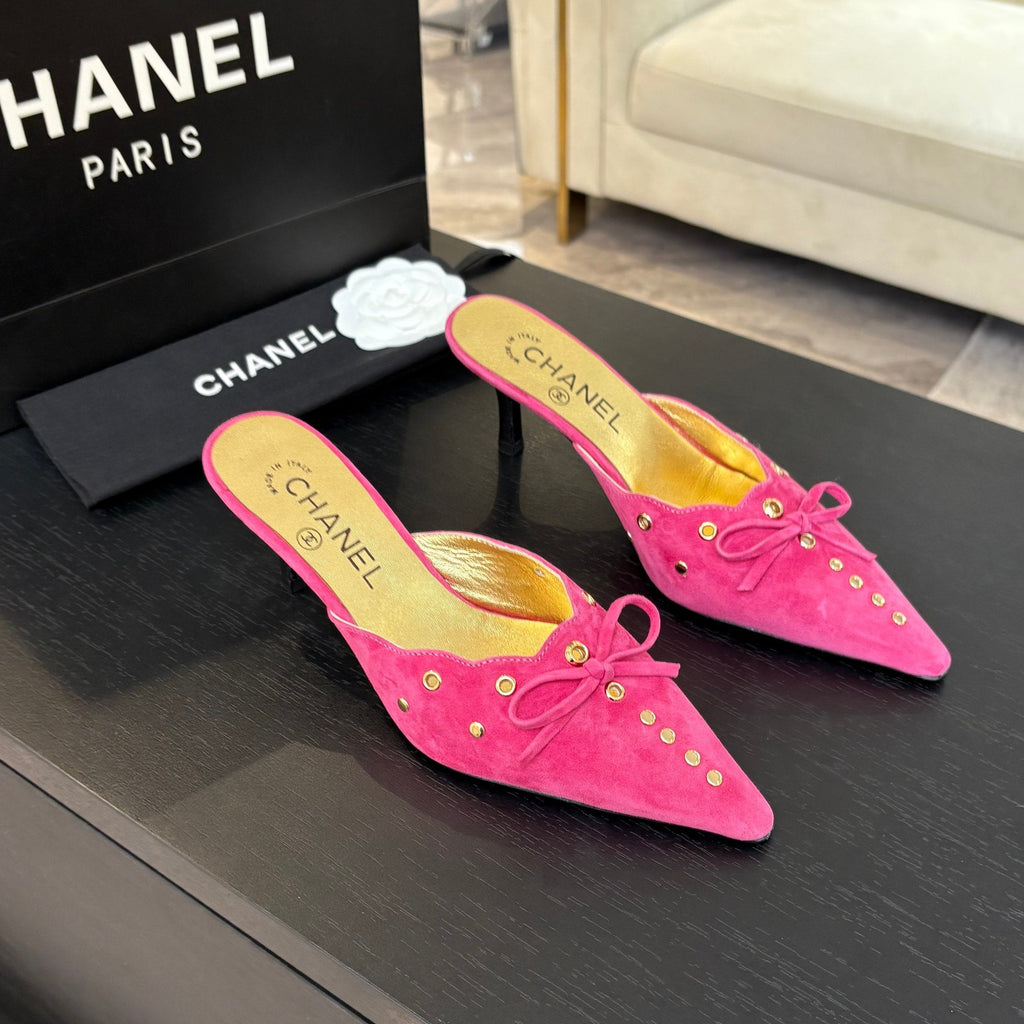 CHANEL HIGH HEEL MULE 65 MM IN DEEP PINK SUEDE