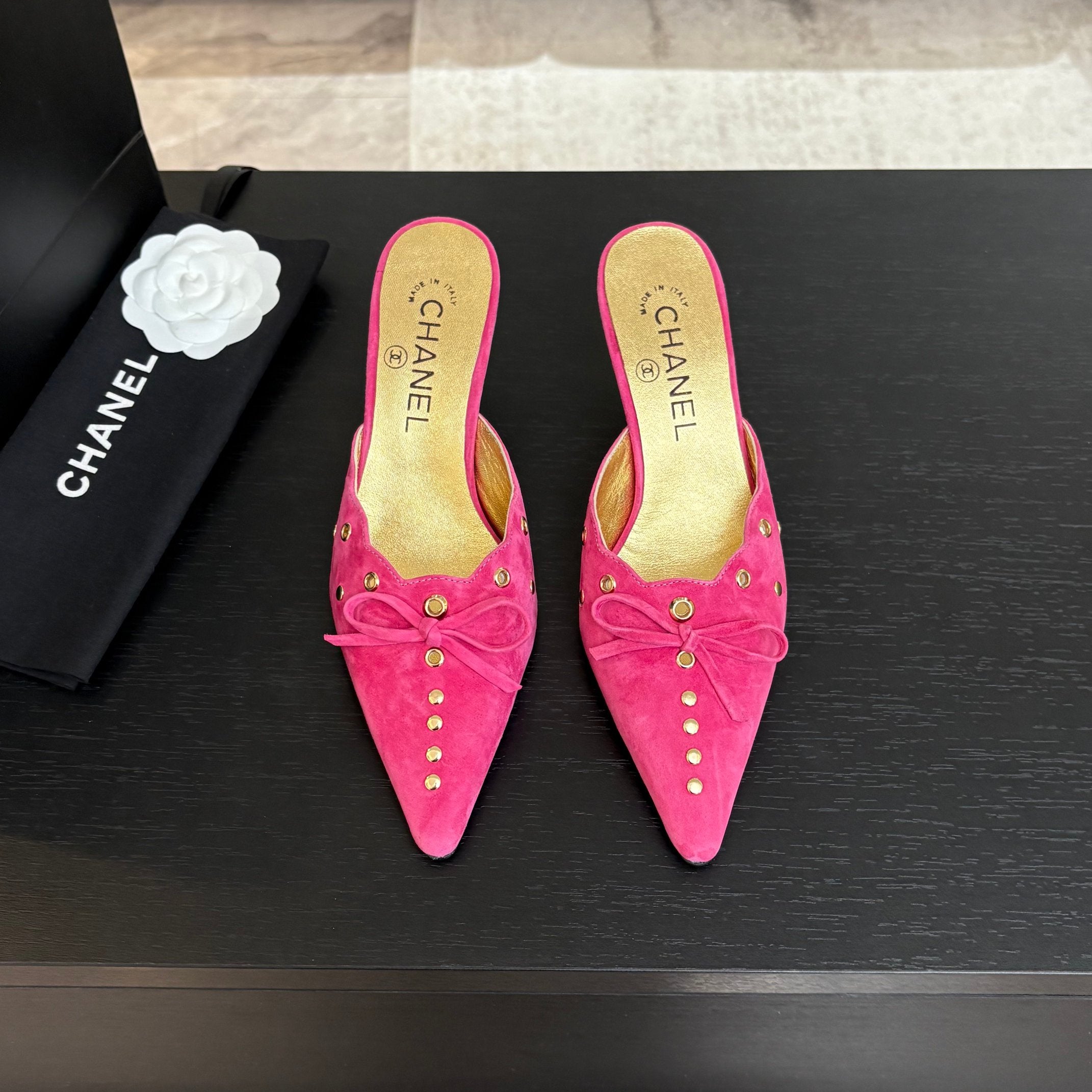CHANEL HIGH HEEL MULE 65 MM IN DEEP PINK SUEDE