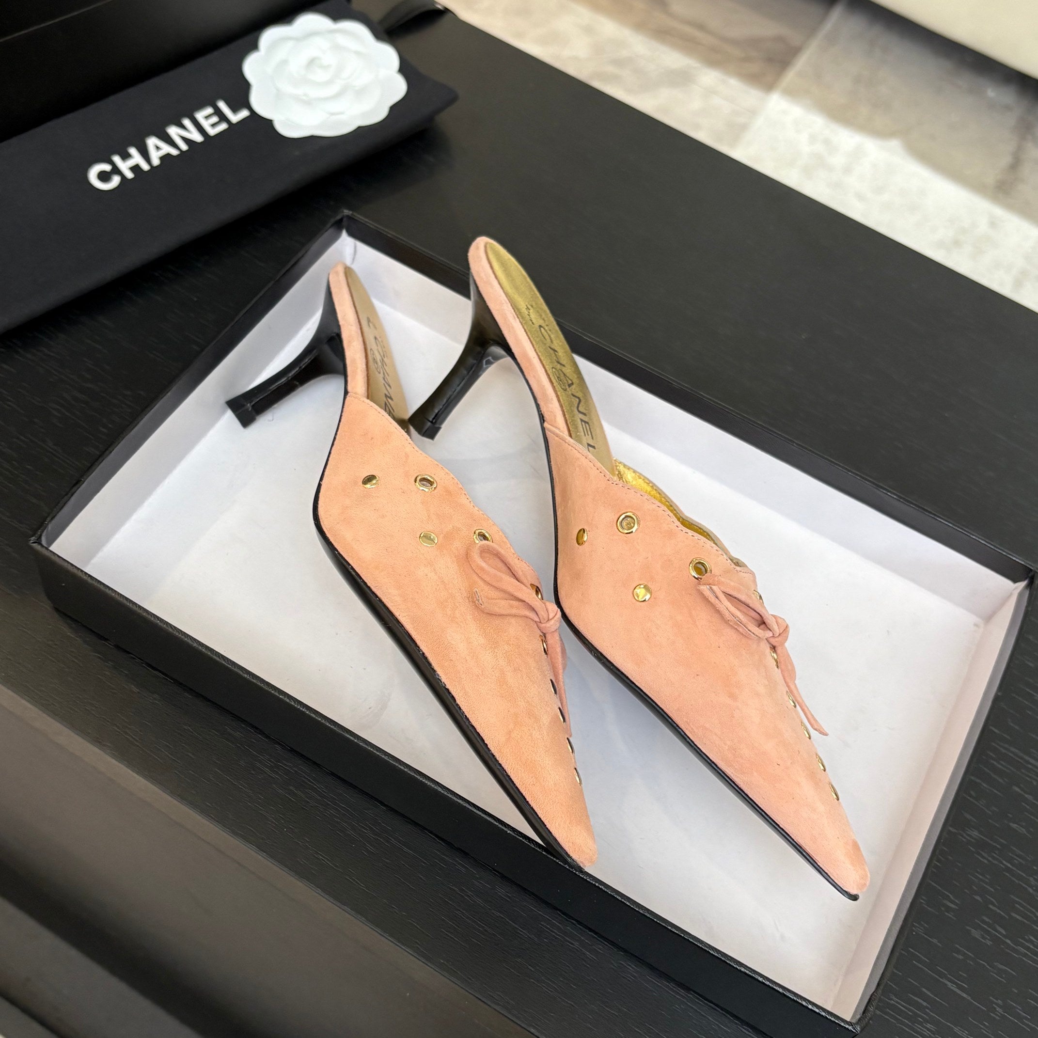 CHANEL HIGH HEEL MULE 65 MM IN LIGHT PINK SUEDE