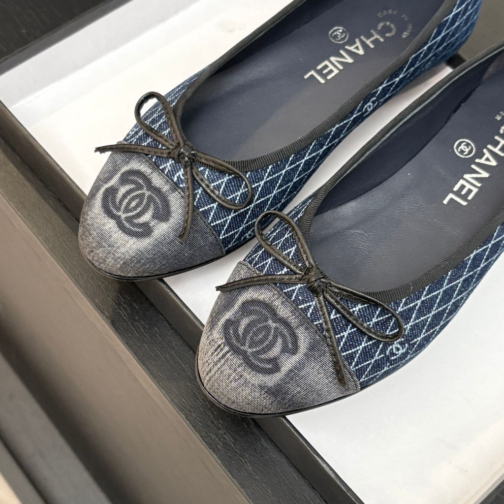 CHANEL BALLET FLATS IN AEGEAN BLUE MONOGRAM DENIM