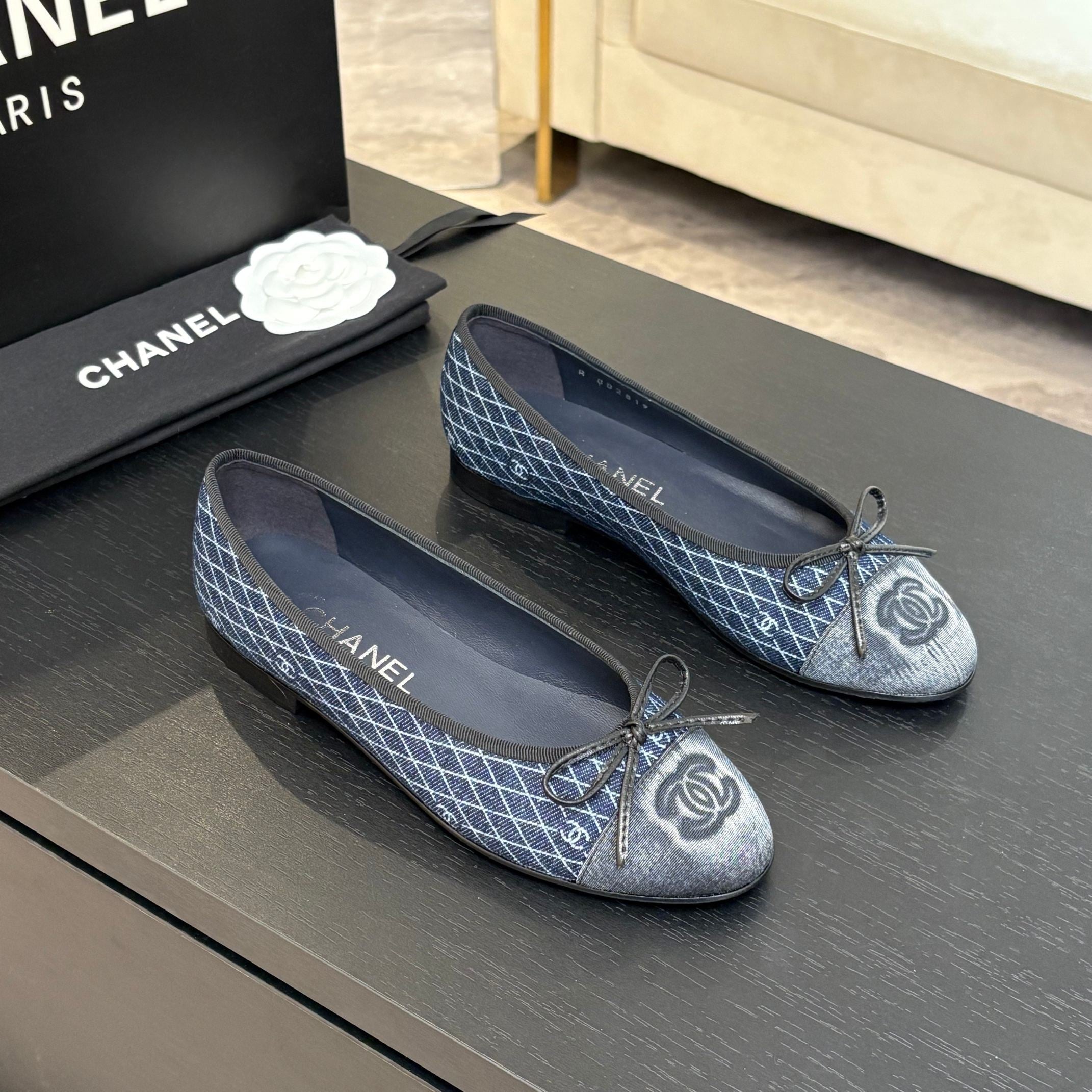 CHANEL BALLET FLATS IN AEGEAN BLUE MONOGRAM DENIM