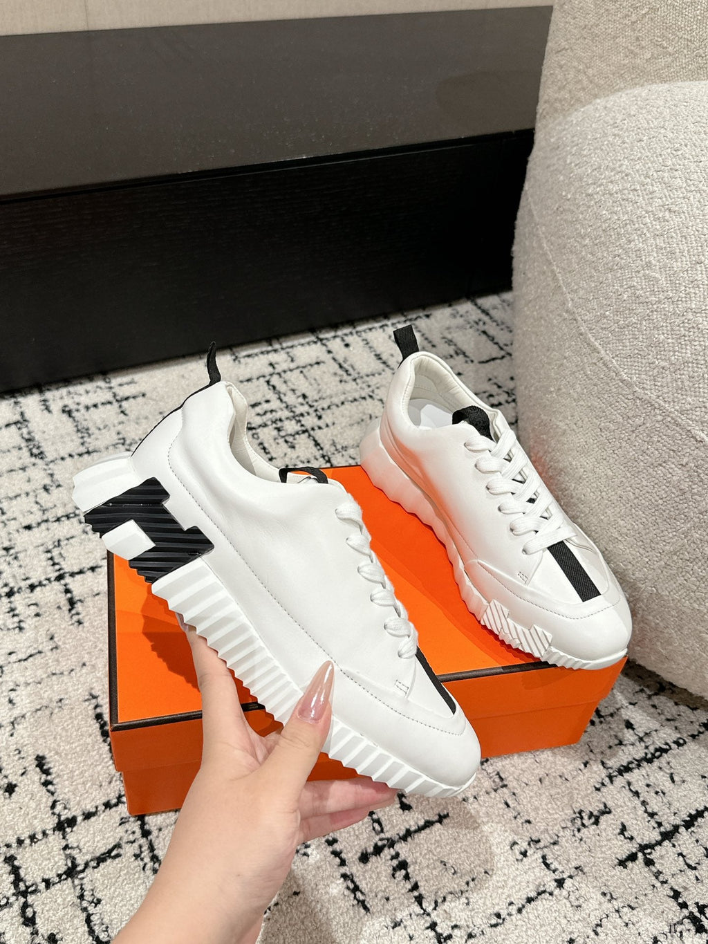 HERMES BOUNCING SNEAKER IN WHITE MIX BLACK CALFSKIN