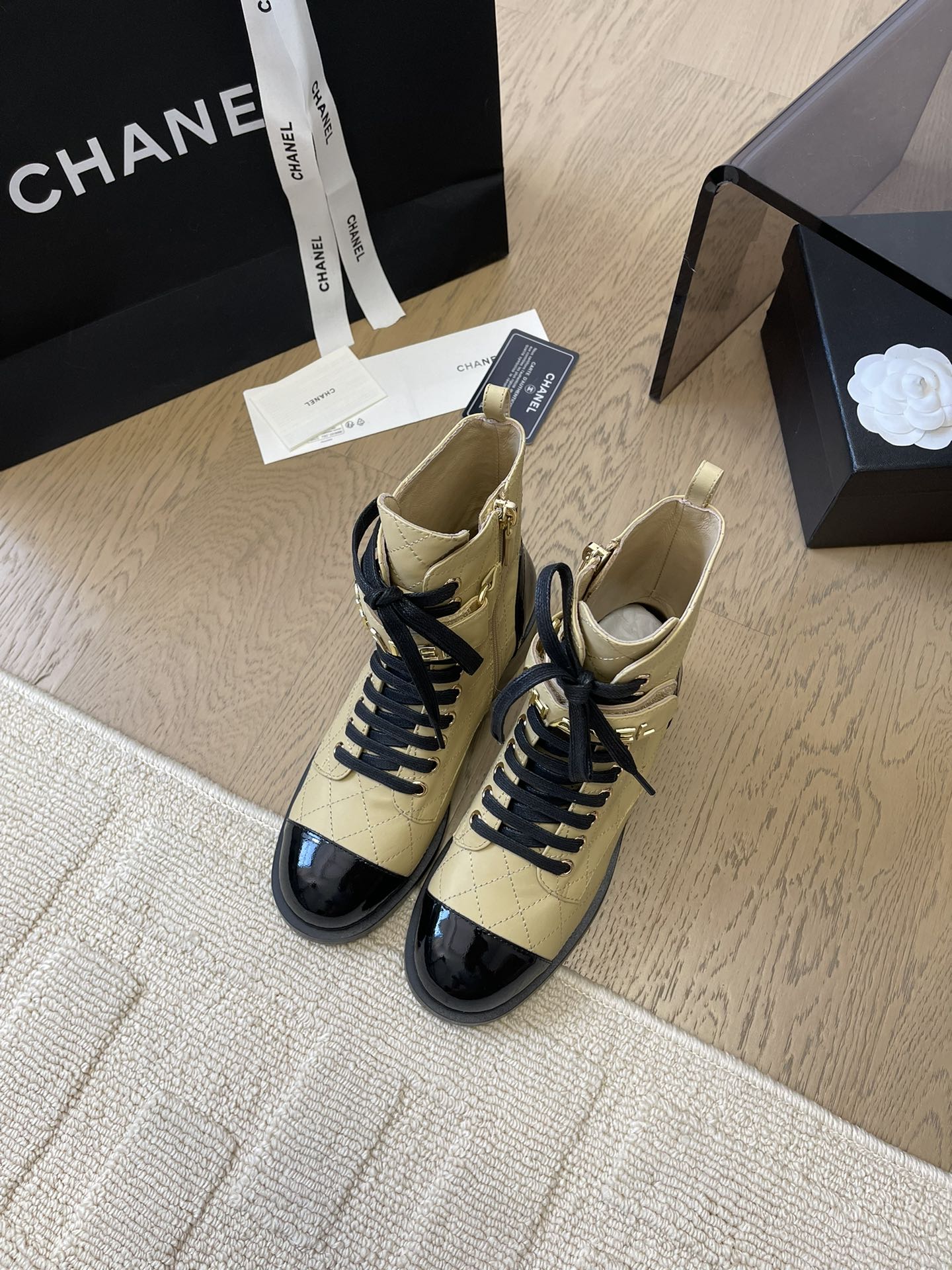 CHANEL ALPHABET MARTIN BOOTS IN FLAX YELLOW LAMBSKIN