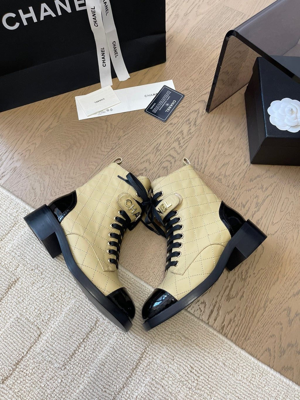 CHANEL ALPHABET MARTIN BOOTS IN FLAX YELLOW LAMBSKIN