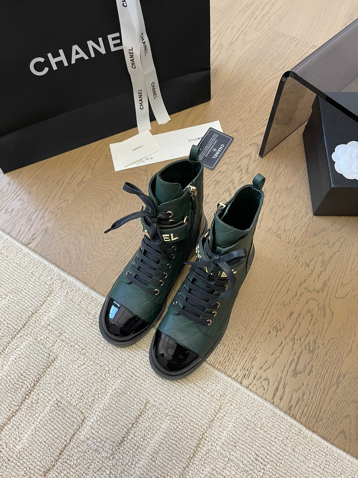 CHANEL ALPHABET MARTIN BOOTS IN FOREST GREEN LAMBSKIN