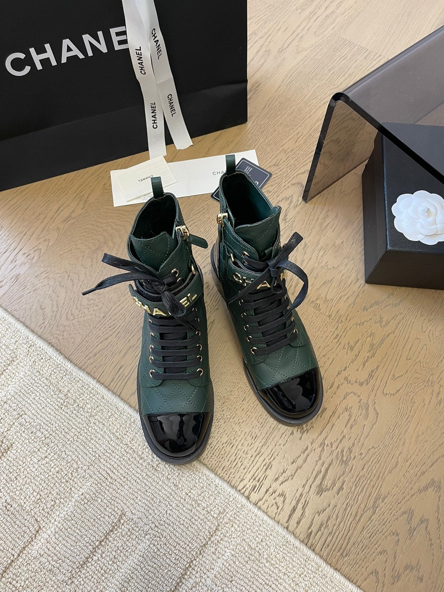 CHANEL ALPHABET MARTIN BOOTS IN FOREST GREEN LAMBSKIN