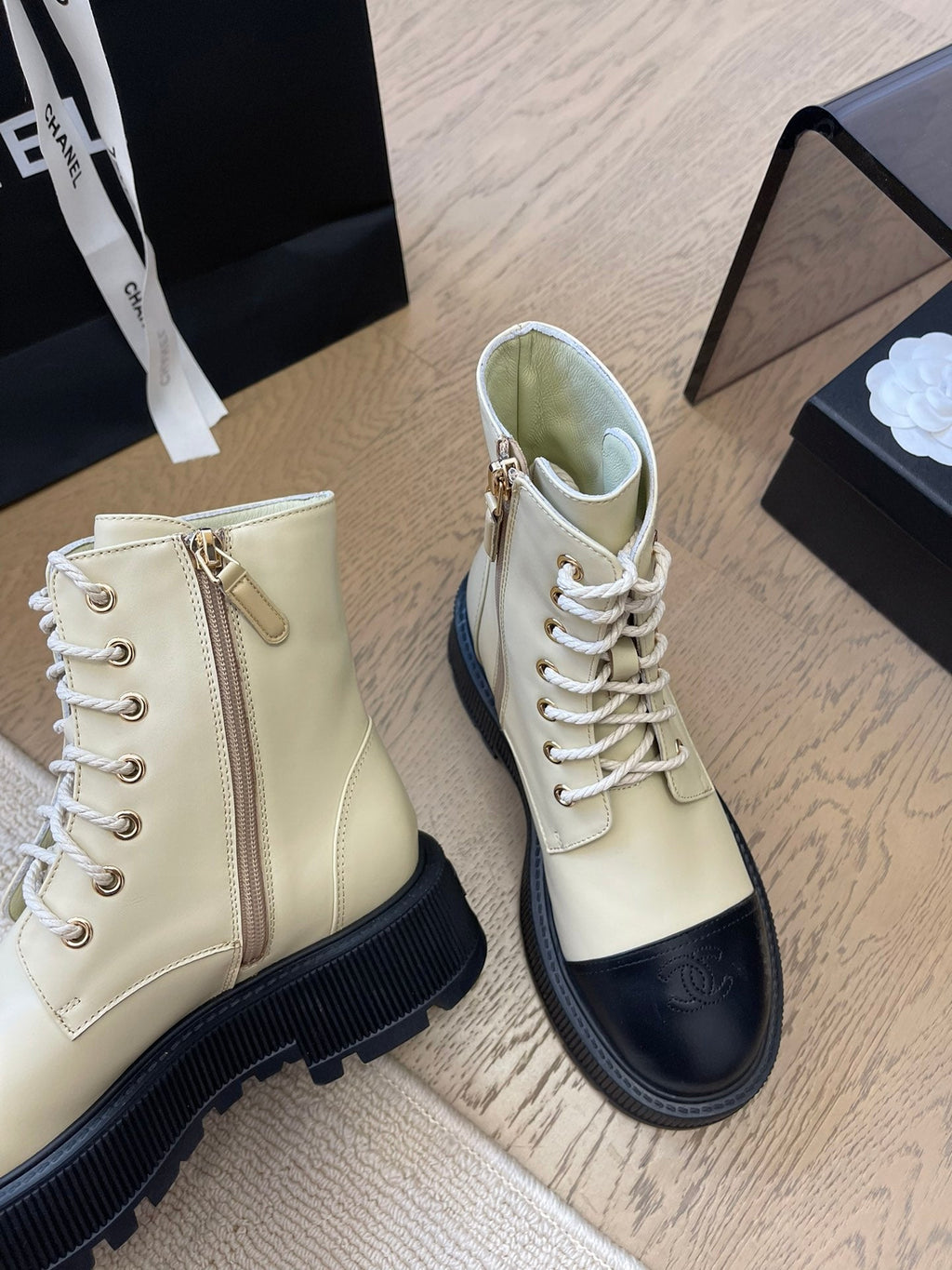 CHANEL ANKLE BOOTS IN PEARL GRAY MIX BLACK CALFSKIN