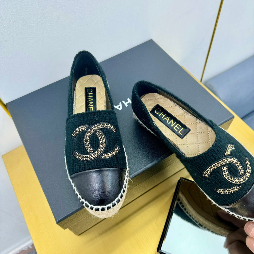 CHANEL ESPADRILLES PLATFORM 25S IN BLACK KNITTED WOOL AND LAMBSKIN