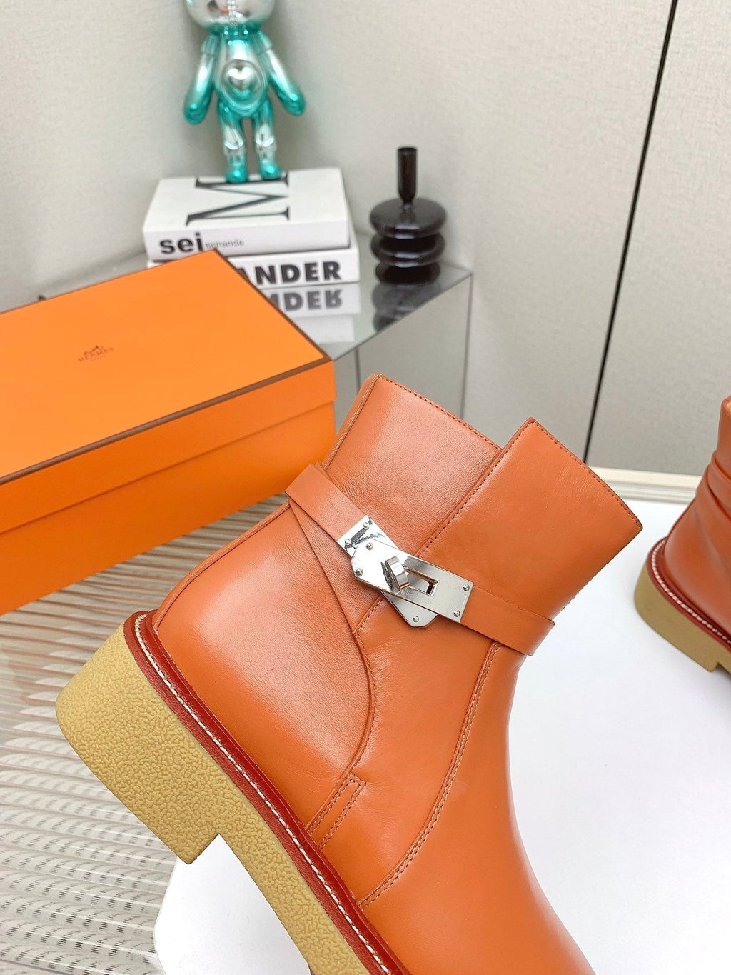 HERMES BOTINES HISTORY BOOTS IN SALAMANDER ORANGE CALFSKIN