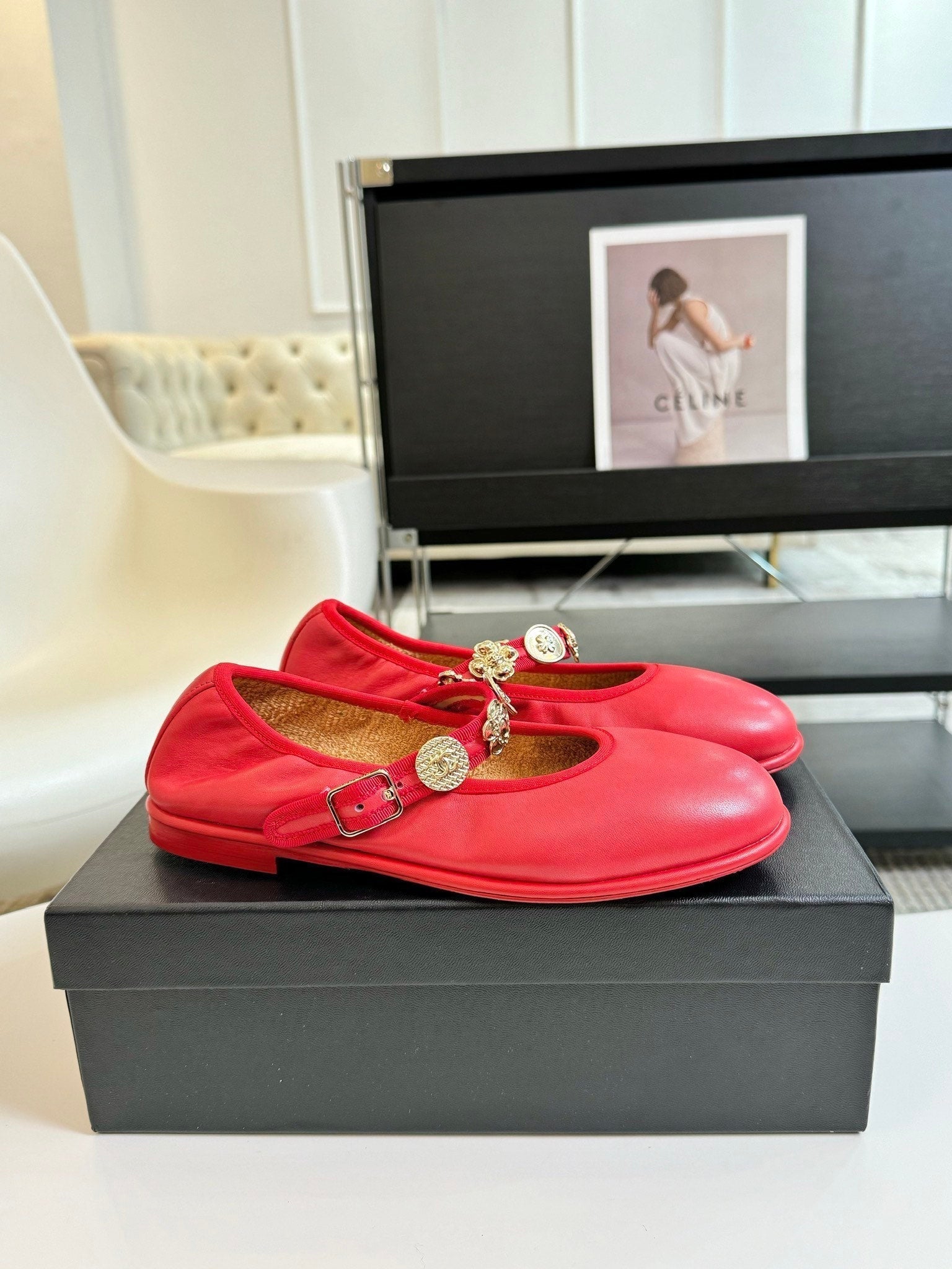 CHANEL MARY JANE SHOES ROSE RED SHEEPSKIN